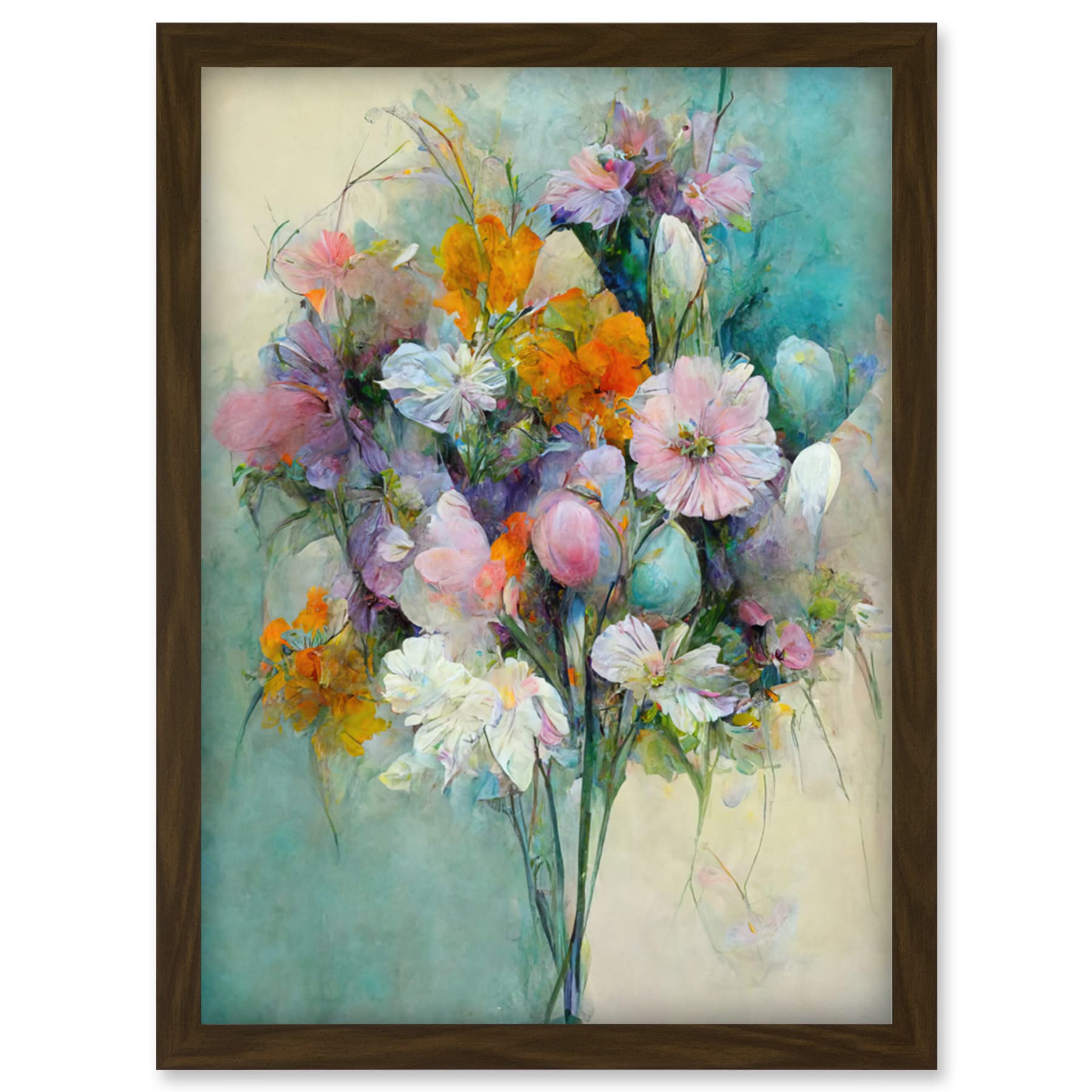 Doppelganger33 LTD Watercolour Pink Orange And Teal Spring Flower Bouquet Illustration Artwork Framed Wall Art Print A4