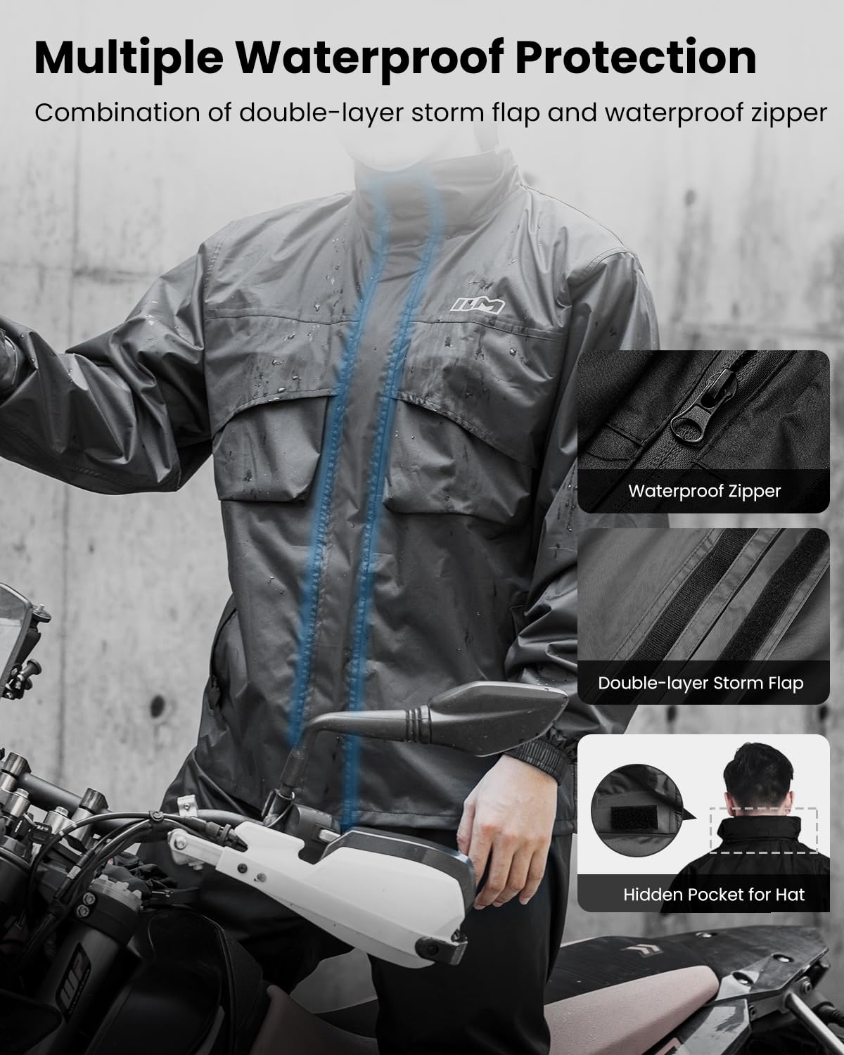 ILM Combinaison Pluie Imperméable Moto Homme Femme-Vêtements de pluie Résistante à l'usure, 6 Poches, Ensemble de 2 Pièces avec Veste et Pantalon,Homme-Gris,L