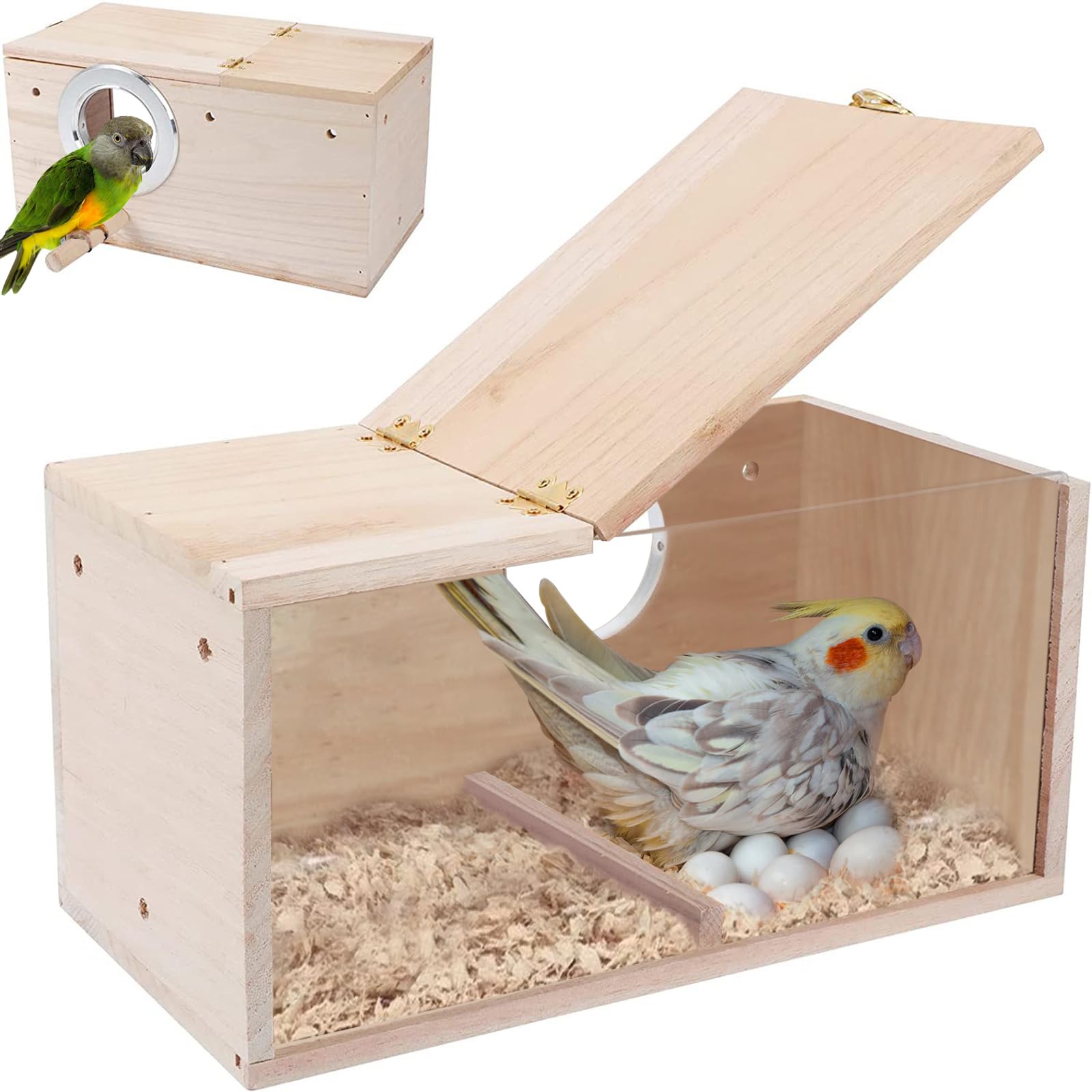 Caja De Cría De Pájaros Diseño Transparente Caja de Nido de Pájaros de Madera Nido cría para Aves Natural Ventana de Visión Clara de Loro para Agapornis, Loros de Cacatúas, 34 x 17 x 19 cm
