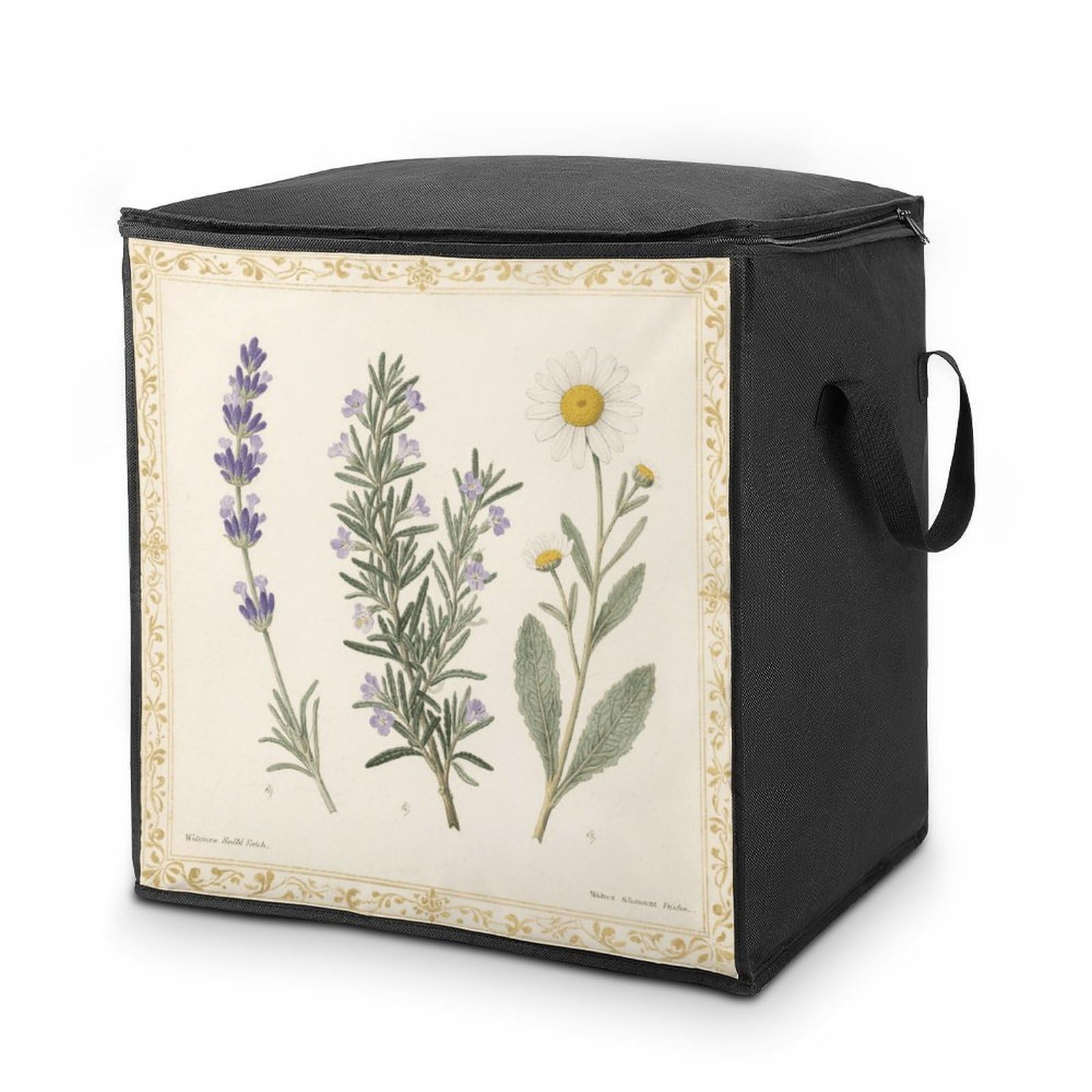 Floral Herbs Botanical Pattern Storage Bag with Zippers And Handle Extra Large Bedding Comforter Storage Bag Foldable Blanket Storage Bags Fabric Moving Bags for Closet Organizer (70L)