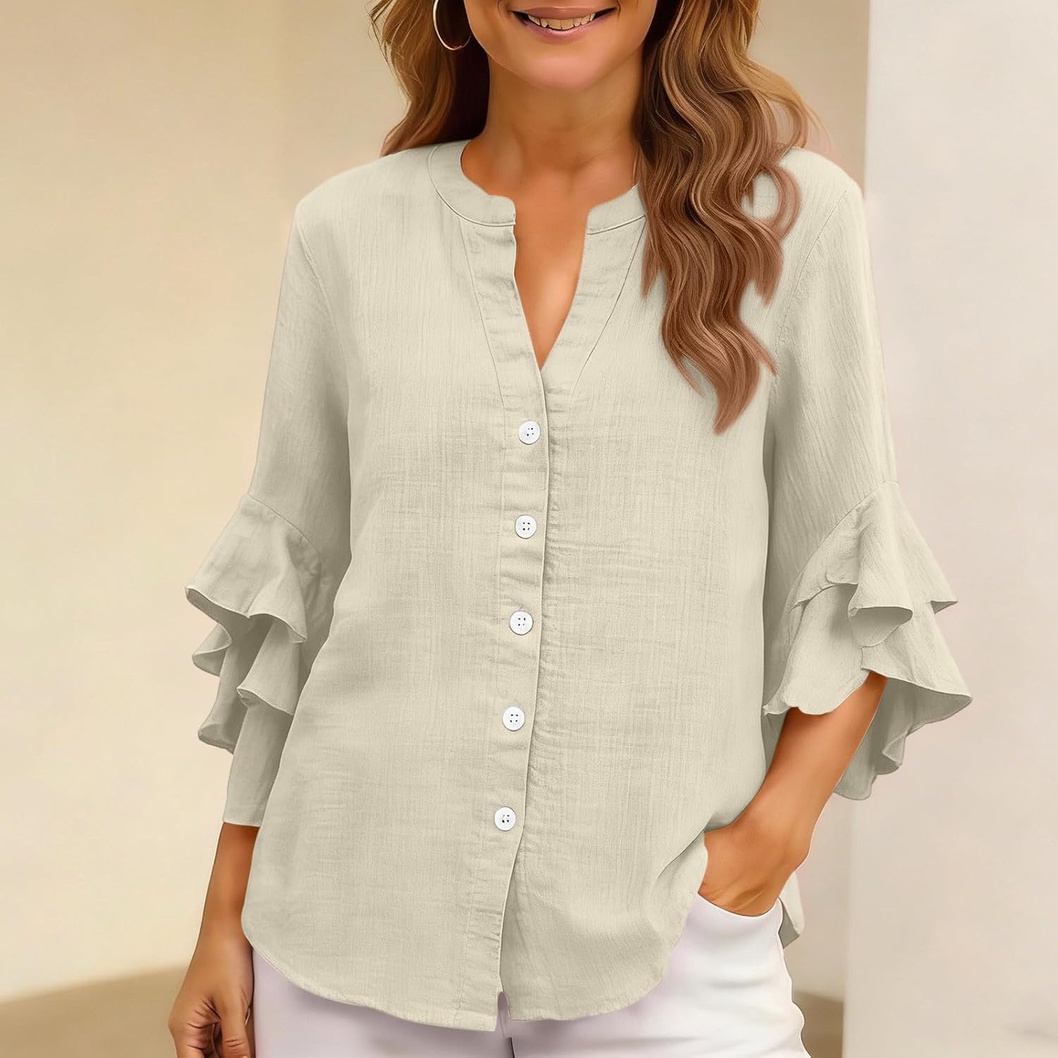 Womens Cotton Linen Tops Ruffle 3/4 Sleeve Shirts Button Henley Tshirt Elegant Work Blouse Summer V Neck Loose Tunic