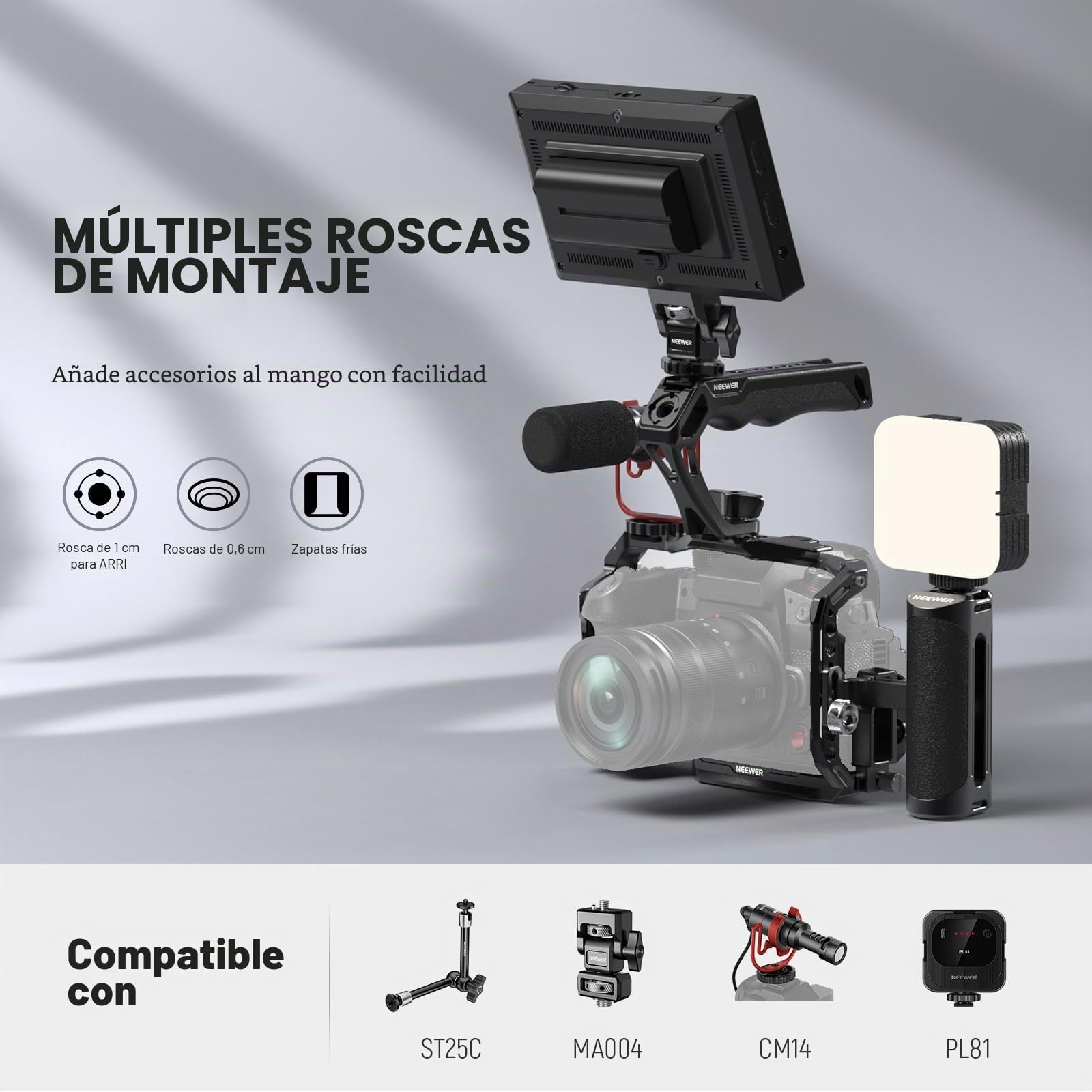 NEEWER Mango superior de cámara con tornillo de ala de 3/8 pulgadas y pasadores de localización para ARRI, agarre de silicona antideslizante con roscas de 1/4 y 3/8 pulgadas, zapatos fríos, compatible
