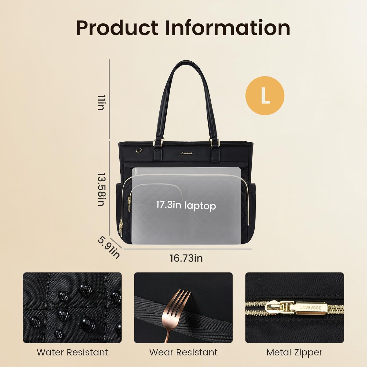 LOVEVOOK Tote Bag, Work Bags for Women with Large Cup Holder, Large Capacity Teacher Tote with Multi Pockets, Water Resistant Nurse Diaper Tote with Padded Laptop Compartment, 17.3 Inch Black