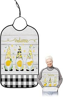 QueenKer Funny Adult Bibs for Eating, Gnome with Lemon Rustic Black Checked Wood Grain Waterproof Clothing Protector Washable Adult Bib with Crumb Catcher for Men Women Elderl and Seniors
