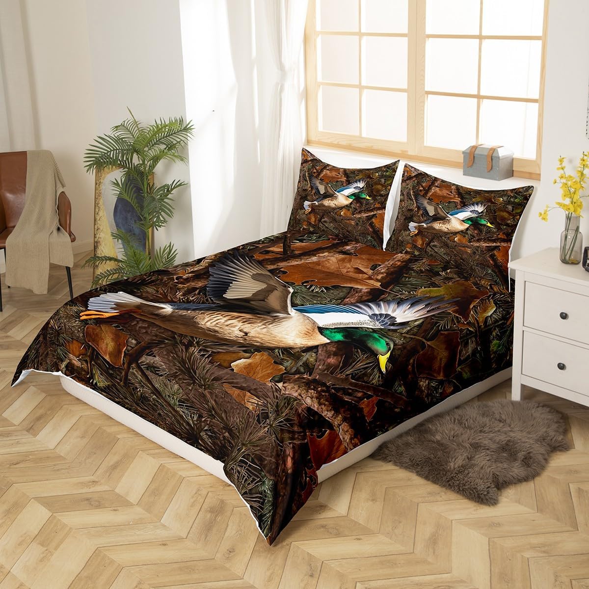 Duck Kids Duvet Cover Set Queen Size,Camo Dead Branches Rustic Farmhouse Bedding Set,Girls Boys Adults Room Decor,Bird Animals Hunting Adventure Comforter Cover,Brown Retro Quilt Cover,2 Pillowcases