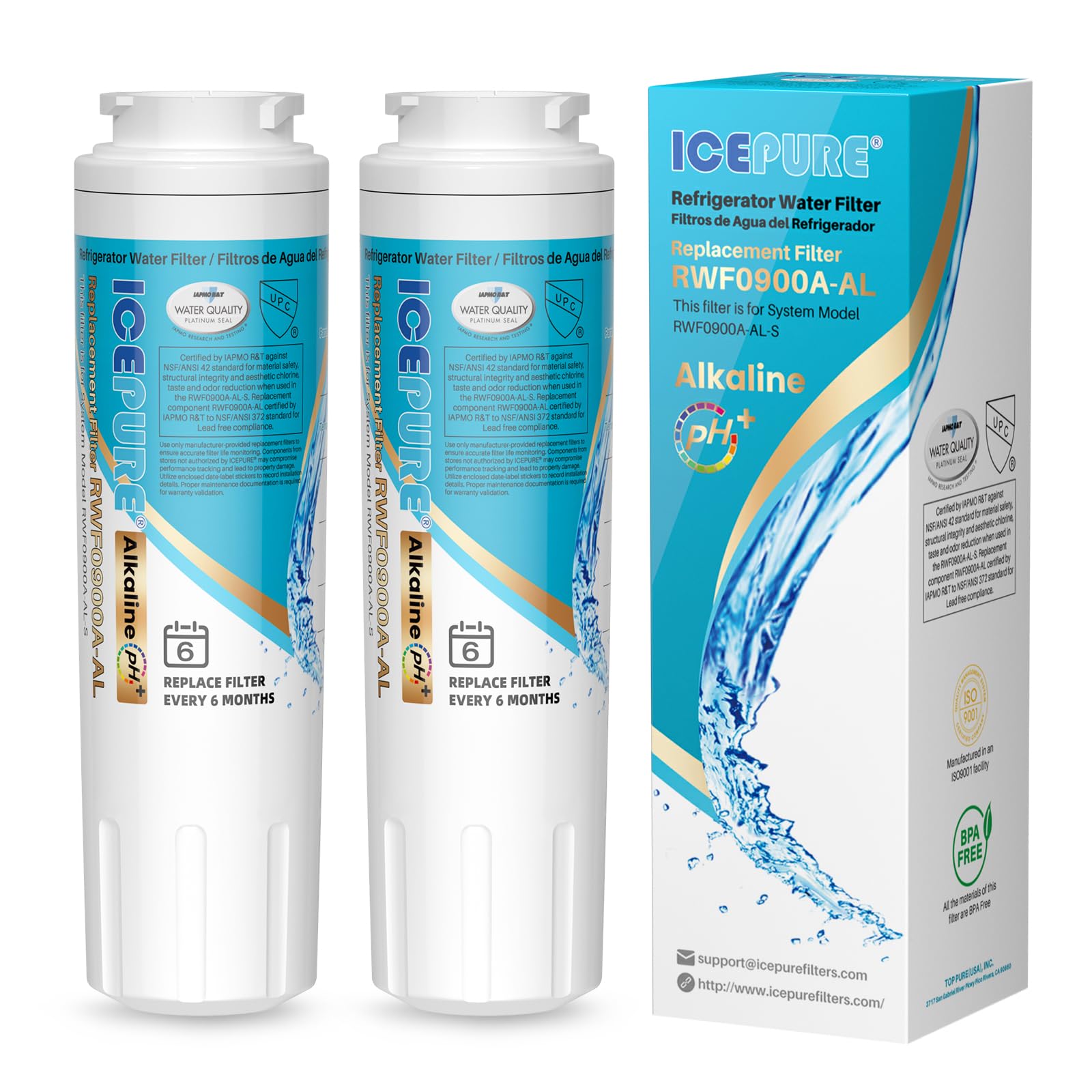 ICEPURE Alkaline UKF8001 Refrigerator Water Filter Replacement for Whirlpool EDR4RXD1, EveryDrop Filter 4, Maytag UKF8001, 4396395, UKF8001P, UKF8001AXX, RFC0900A, UKF8001AXX-200, Enhances PH, 2Pack