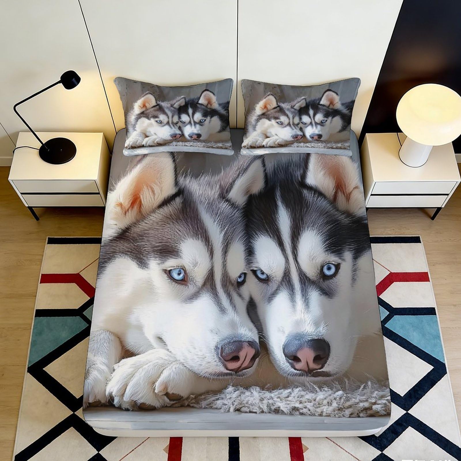 3D Printed Husky Dog Fitted Sheet Microfiber Soft Breathable Wolf Animal Bed Cover for Bedroom Guest Room Decor 90x200x25cm