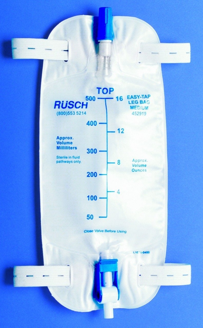 Teleflex Easy-Tap Leg Bag, Medium, 19 oz, 500 ml, 18 Tubing, Anti-Reflux Valve, Cloth Straps, Easy Flip Drain (Pack of 5), White