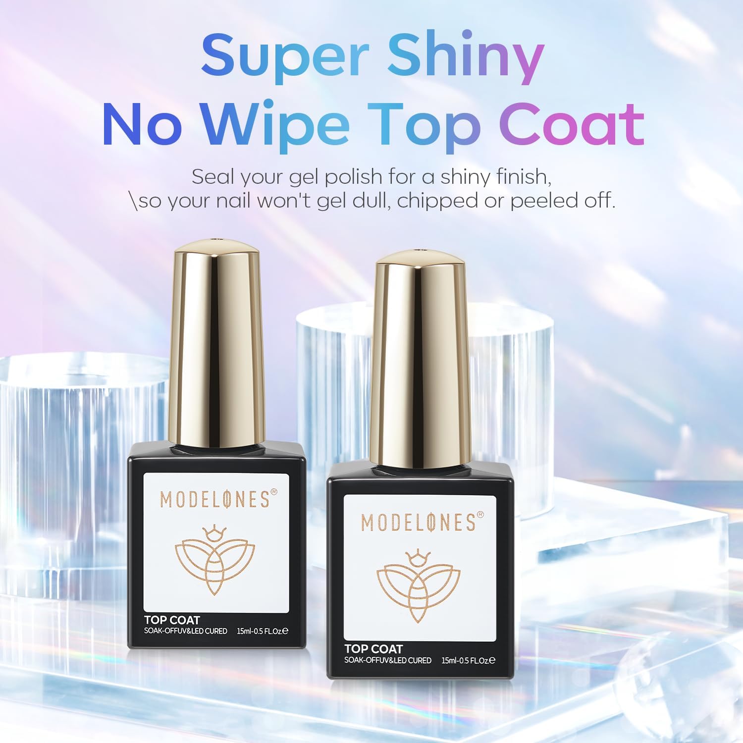 Modelones Top Coat Semi Permanent, 2pcs 15ML No Wipe Top Coat Vernis à ongles Gel Semi Permanent UV/LED Ultra Brillant Finish Longue Durée