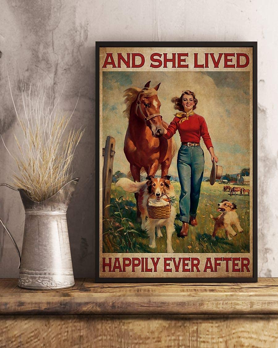 Haosensix Farm Girl Metal Tin Sign and She Lived Happily Ever After Retro Wall Decor Farmhouse Decor Room Bedroom Home Wall Poster Painting 12x16 Inch