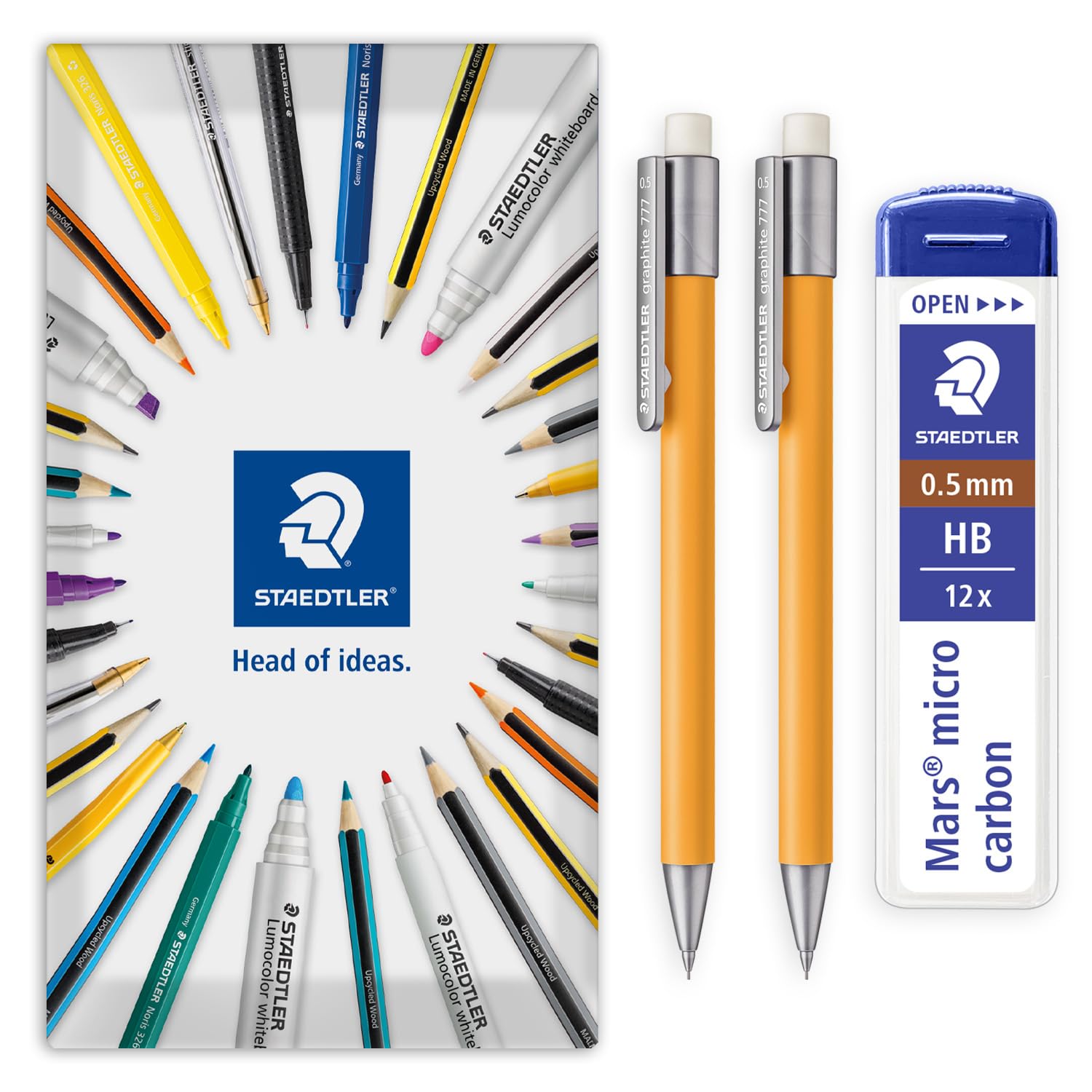 STAEDTLER 2x Orange Graphite 777 Mechanical Pencils & 0.5mm HB Leads