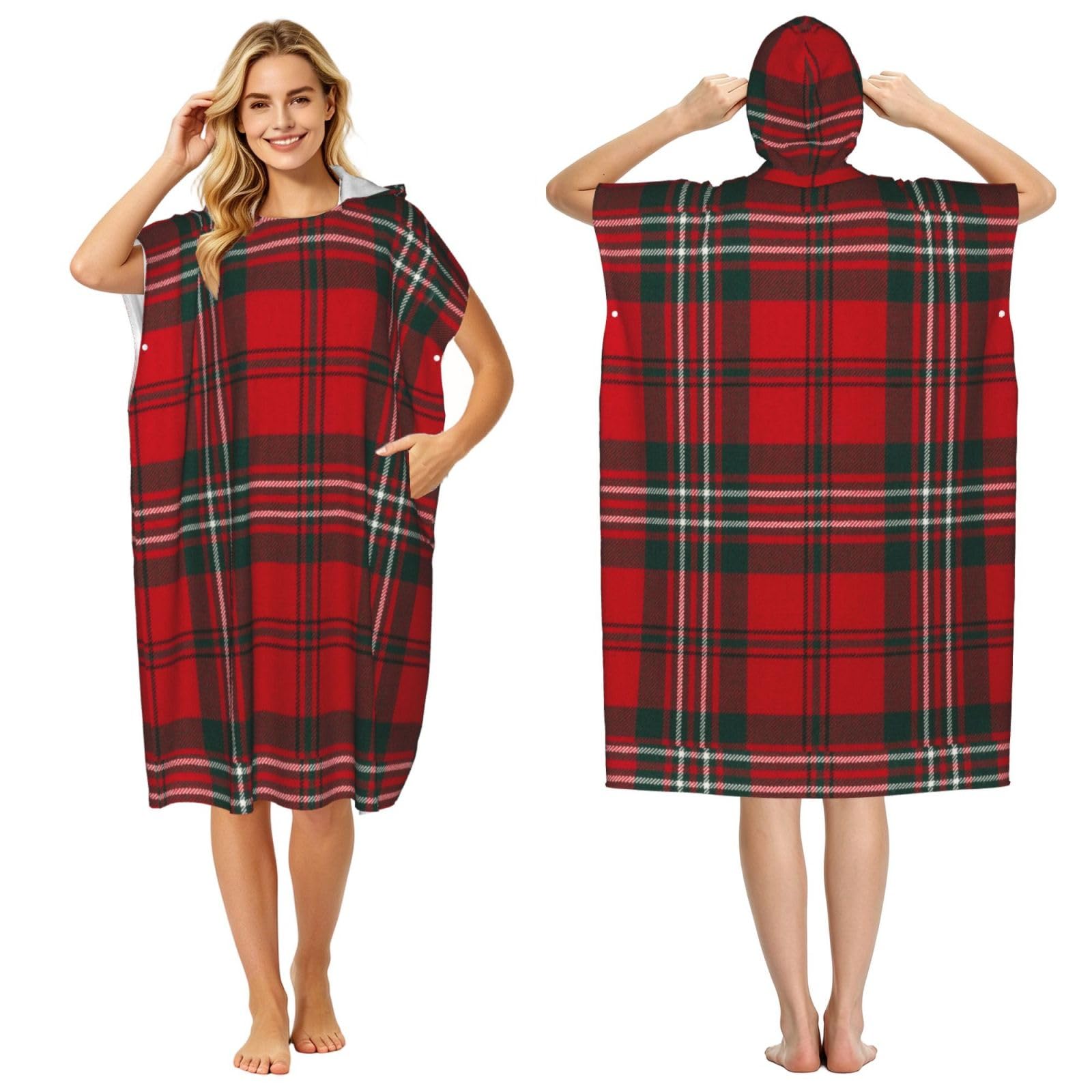 Poadnly Red Scottish Plaid, Adult Hooded Beach Towel 90 x 110 cm,Changing Bath Robe, Surf Poncho Towel For Women Men