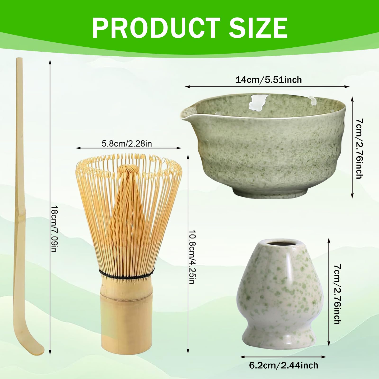 Matcha Set: 4 Stück Matcha Tee Set, Keramik Matcha Besen Set, Grün Matcha Schale mit Ausgießer und Schneebesen und Matcha-Schaufel, Matcha Whisk, Matcha Besen Set Matcha Kit