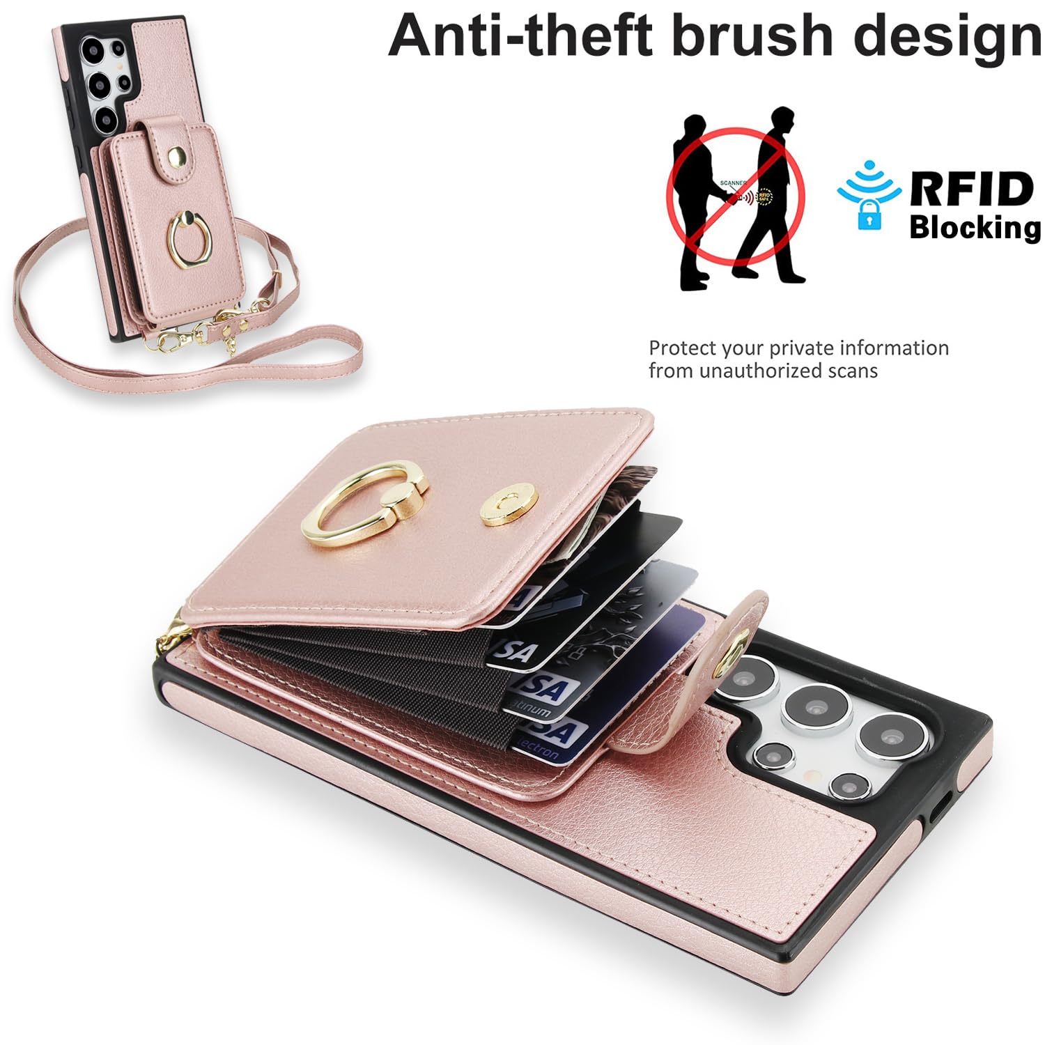Custodia a portafoglio per Samsung Galaxy S24 Ultra 5G, chiusura magnetica rimovibile, con anello, cavalletto a tracolla, compatibile con MagSafe RFID Blocking S24Ultra, da donna, oro rosa