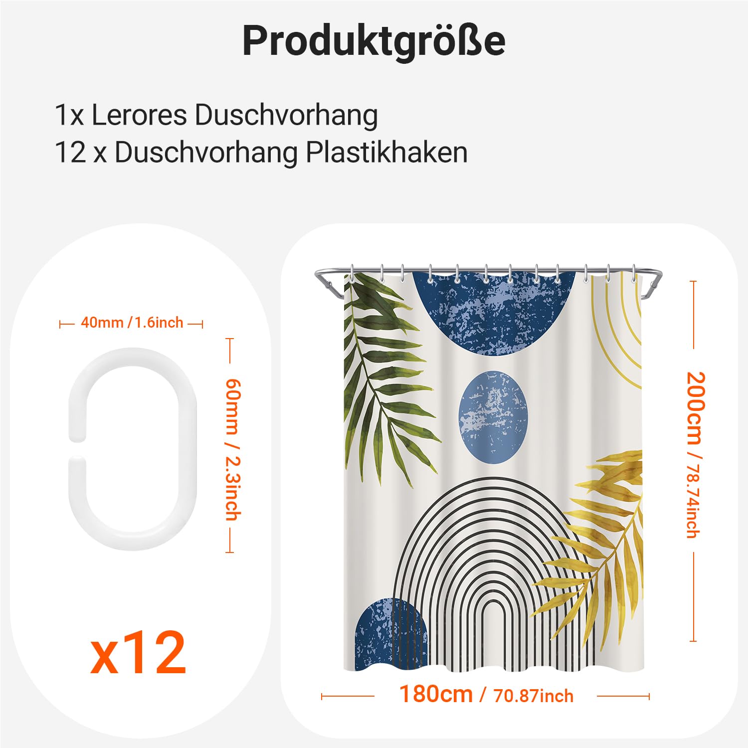 Lerores Shower Curtain, 180 x 200 cm, Blue Leaves Line, Weighted Hem, Anti-Mould Textile, Water-Repellent - Image 2