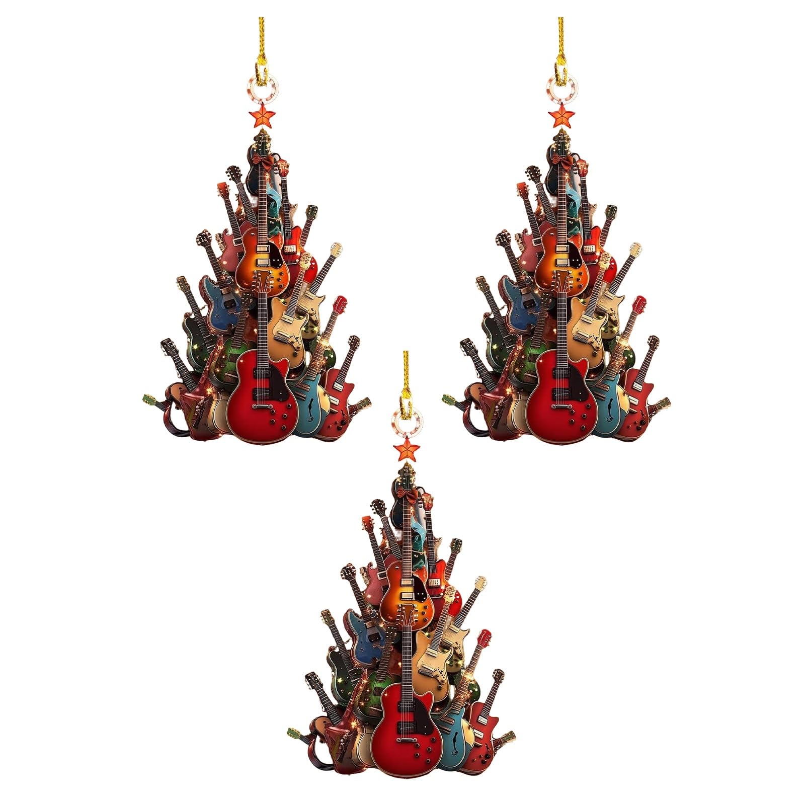 Guitar Christmas Tree Ornament, Acrylic Rock Guitar Christmas Tree Ornaments, Wooden Electric Guitars Decoration Music Theme Party Decor & Gifts for Musicians (3pcs)