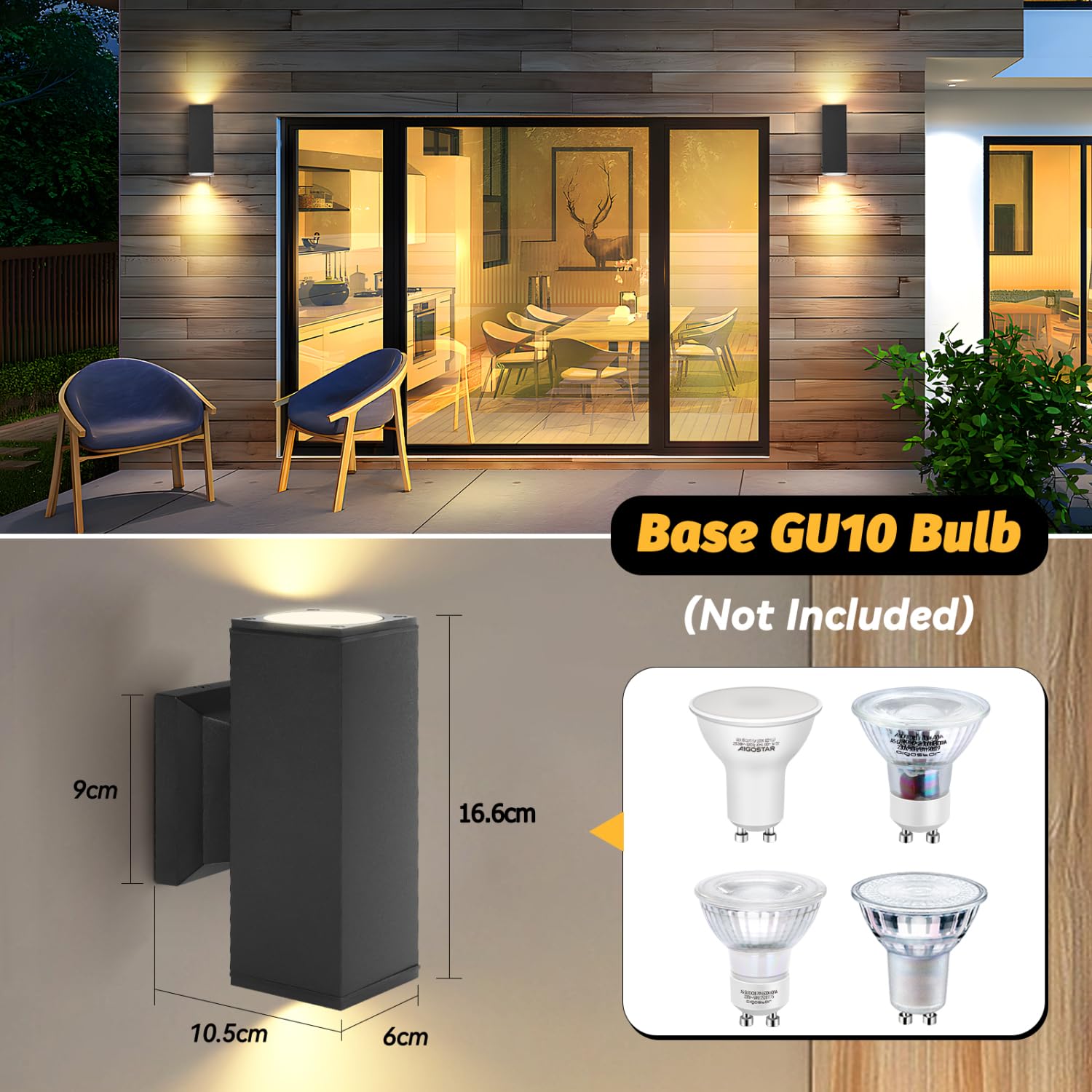 Aigostar Aplique Pared Interior/Exterior,GU10 Lámpara Exterior Pared,IP65 Impermeable Luz Interior y Exterior Iluminación,Para Patio,Jardín,Balcón,Dormitorio,Pasillos (2 paquetes sin bombillas)