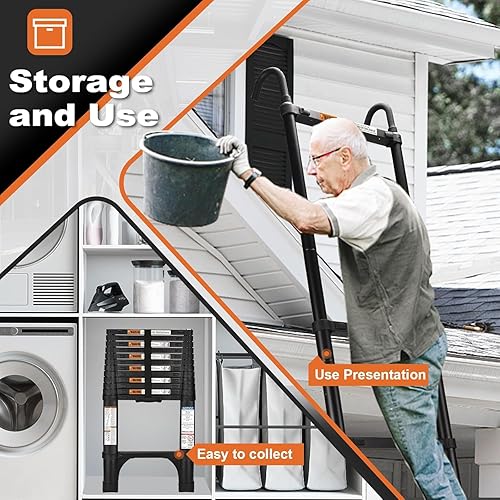 Miniatura 7 de Soctone - Escalera telescópica, escalera de extensión ligera de aluminio de 12.5 pies con 2 estabilizadores triangulares y capacidad máxima de alta