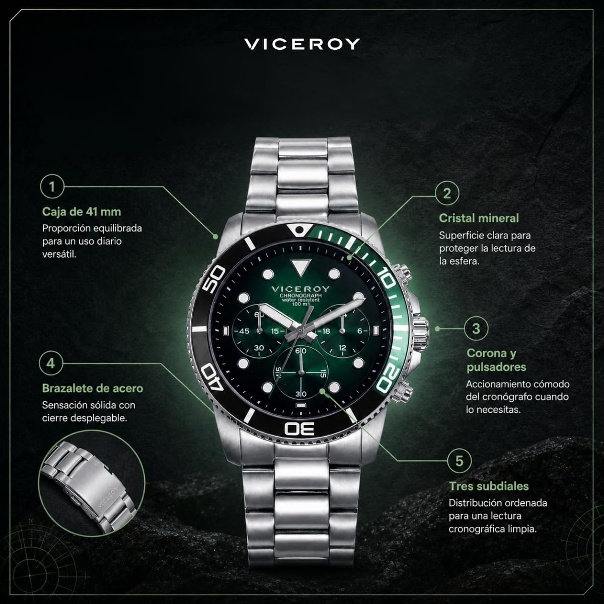 Viceroy Reloj Deportivo Hombre de Acero Inoxidable - 41 mm - Movimiento de Cuarzo - Esfera Verde - Sumergible 10 ATM - Colección Heat – 42453-77