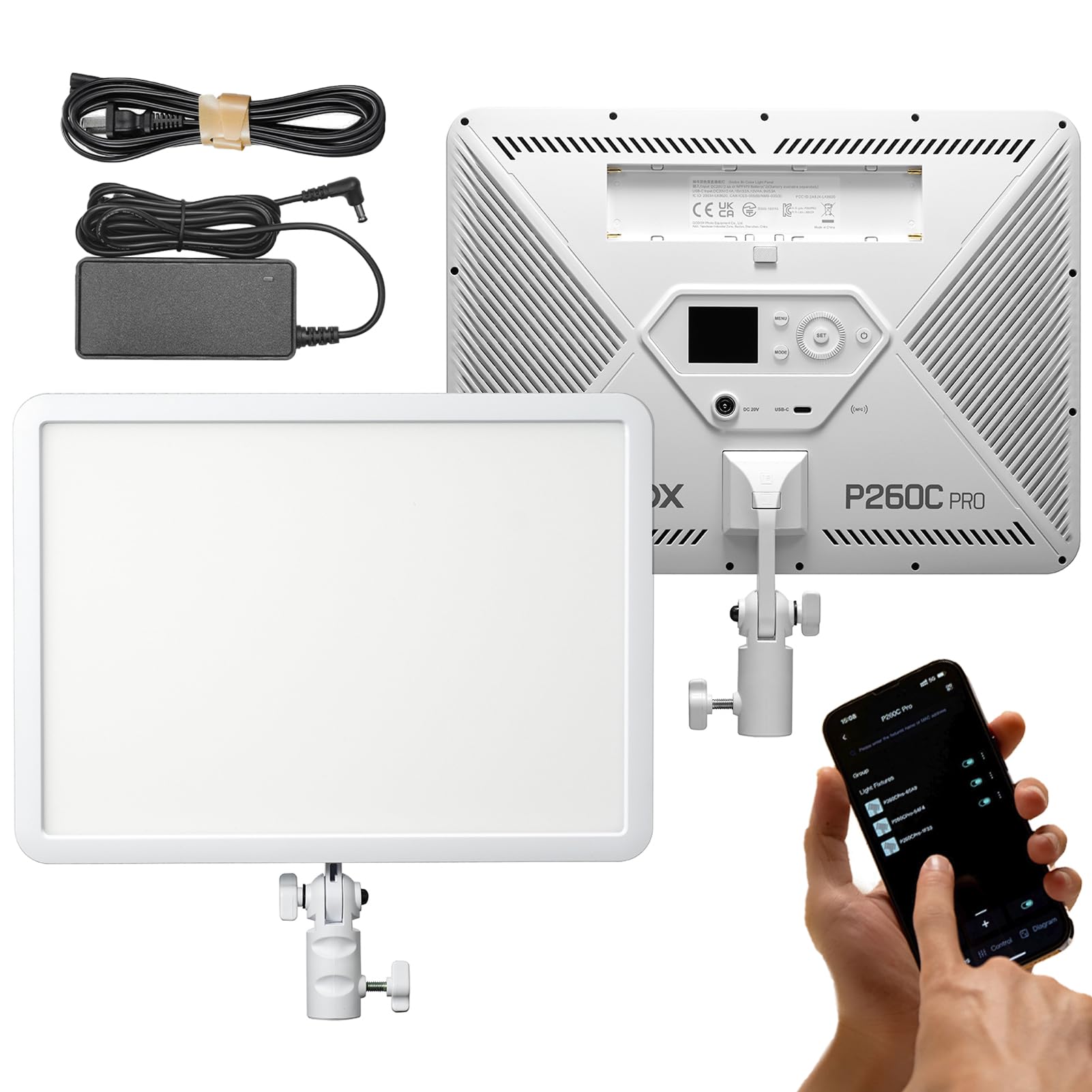 Godox P260C Pro Pannello luminoso bicolore Luce di riempimento per fotografia Luce video LED da 45 W 2800K-6500K CRI98+ Tipo C/DC/Alimentato a batteria NFC Associazione automatica Controllo tramite