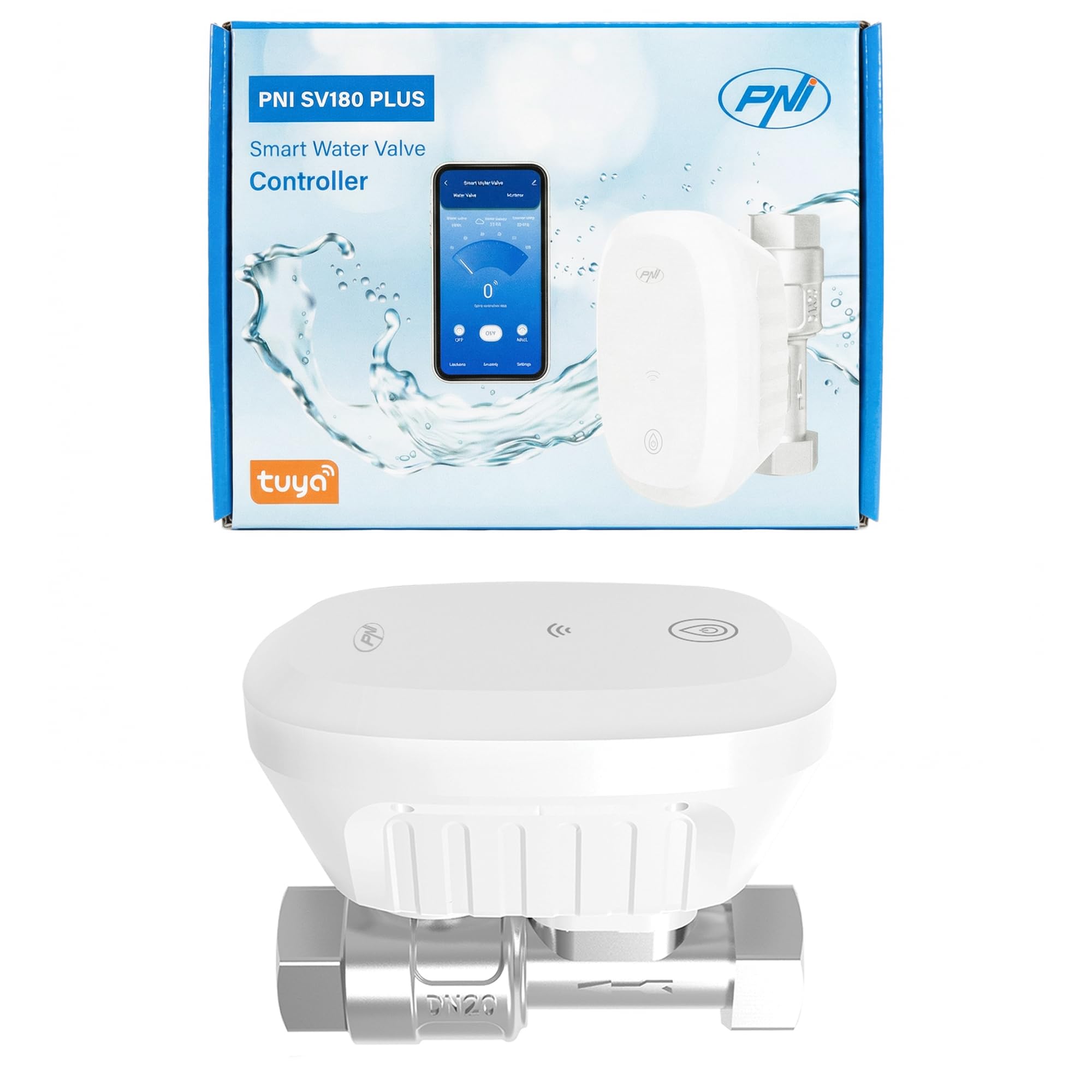 Valvola dell'acqua intelligente PNI SV180 PLUS, Wi-Fi, IP65, DN20 (3/4"), controllo tramite Tuya Smart, Amazon Alexa e Google Home, misura il consumo di acqua