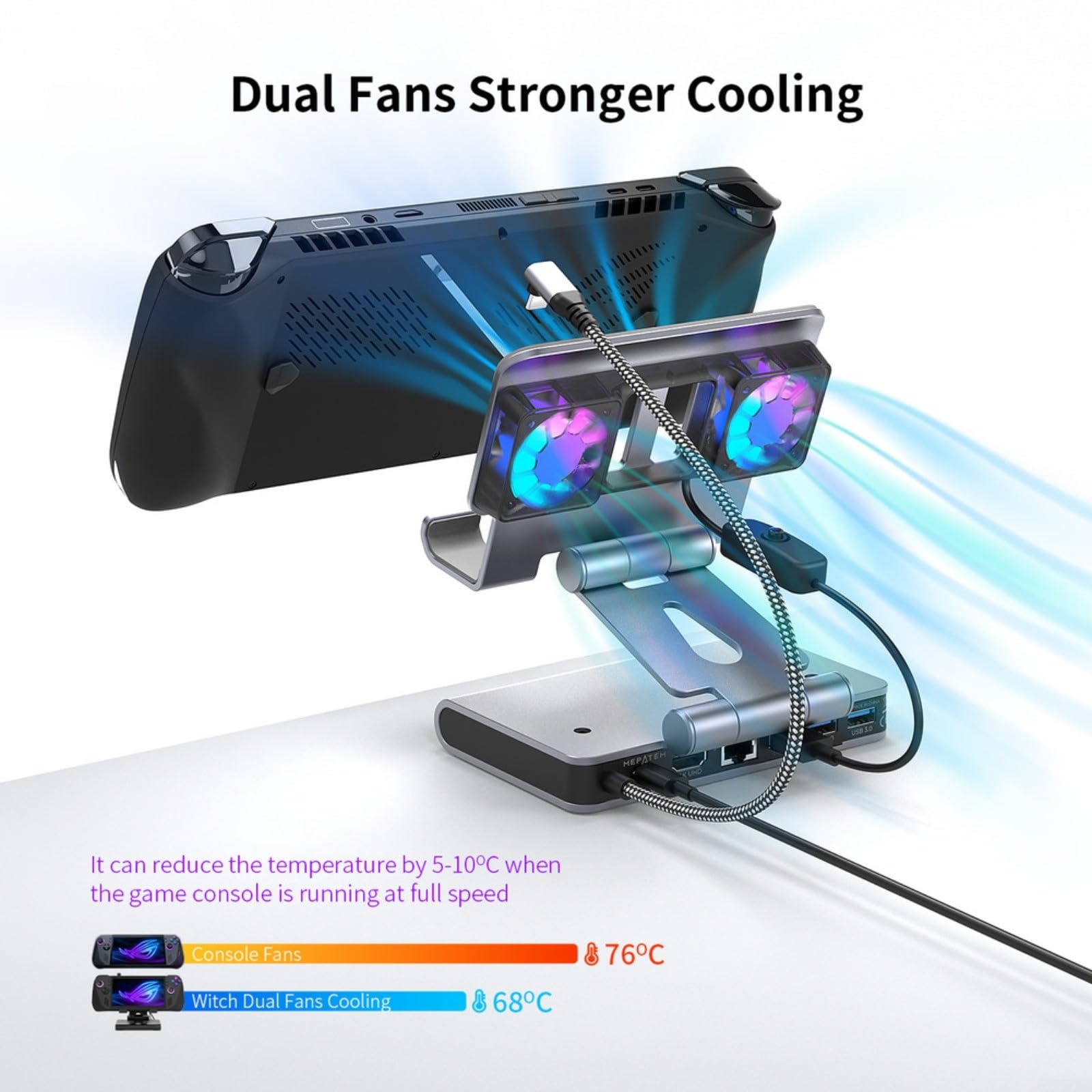 Dock station di raffreddamento 4K a 60Hz con doppia ventola, Gigabit Ethernet, 3 porte USB e supporto regolabile per OneXPlayer APEX per ROG Ally-X Steam Deck per LEGION Go (grigio)