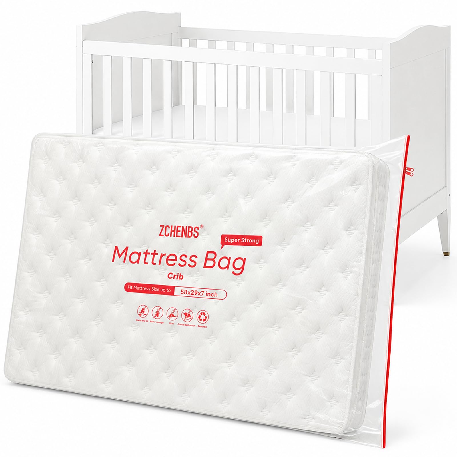 ZCHENBS® - Crib Mattress Bags for Moving, Waterproof Mattress Storage Bag with Zipper, Heavy-Duty 5 Mil Ultra-Thick Baby Bed Protector Bag Cover for Moving, Reusable (Transparent/Red, 1 Pack)