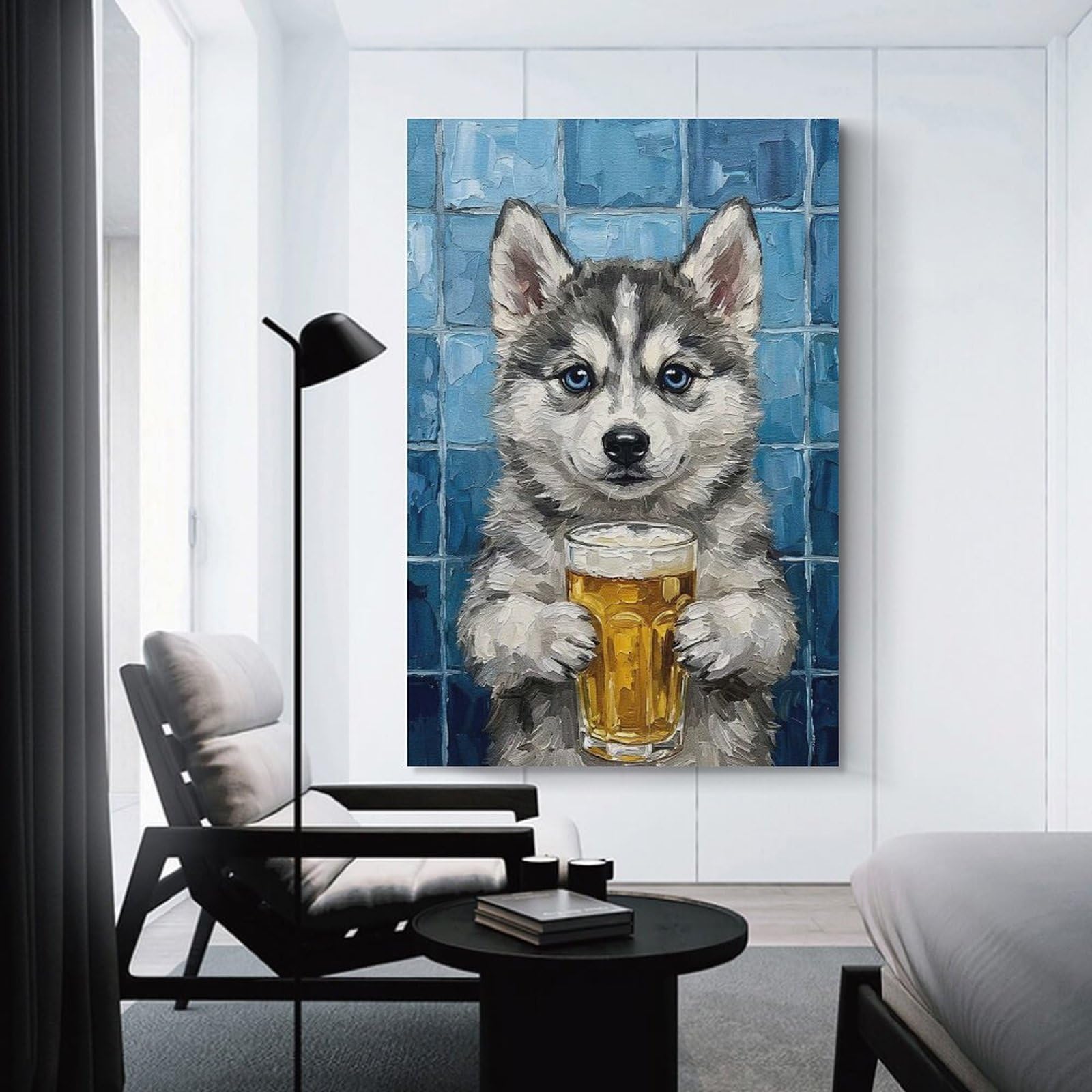 Junmoney Unframe-Style-10-1 Husky Puppy With Beer Painting Canvas Wall Art, 08X12inch(20X30cm), For Workspace Walls, Study Corners Or Bedrooms, An Interior Accent For Desk Areas