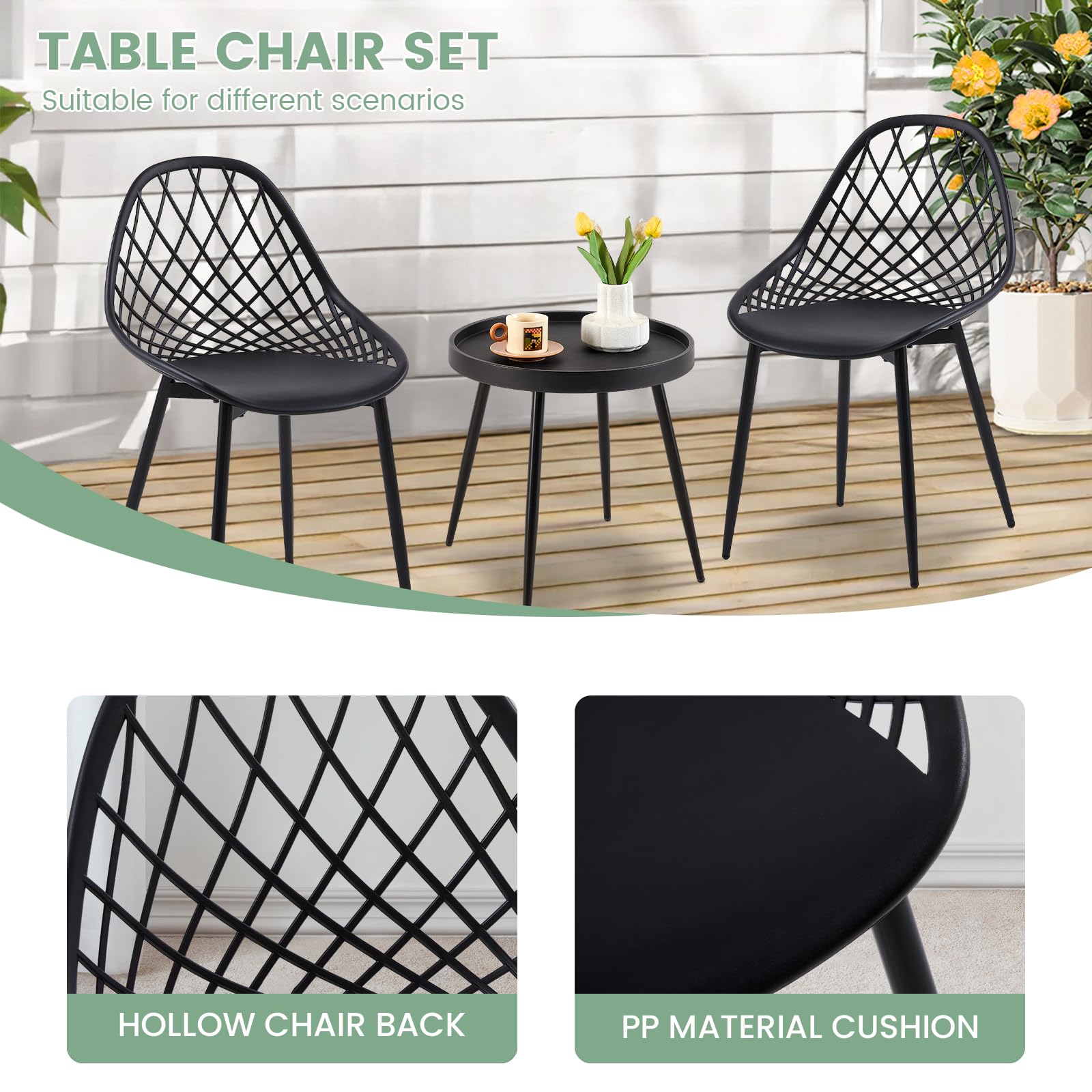 buybyroom Tavolino e Sedie da Balcone, Tavolo Balcone con Sedie Adatto per Balcone, Giardino e Soggiorno, Piedi di Tavolo e Sedia in Metallo Con Piastrelle Regolabili, Nero