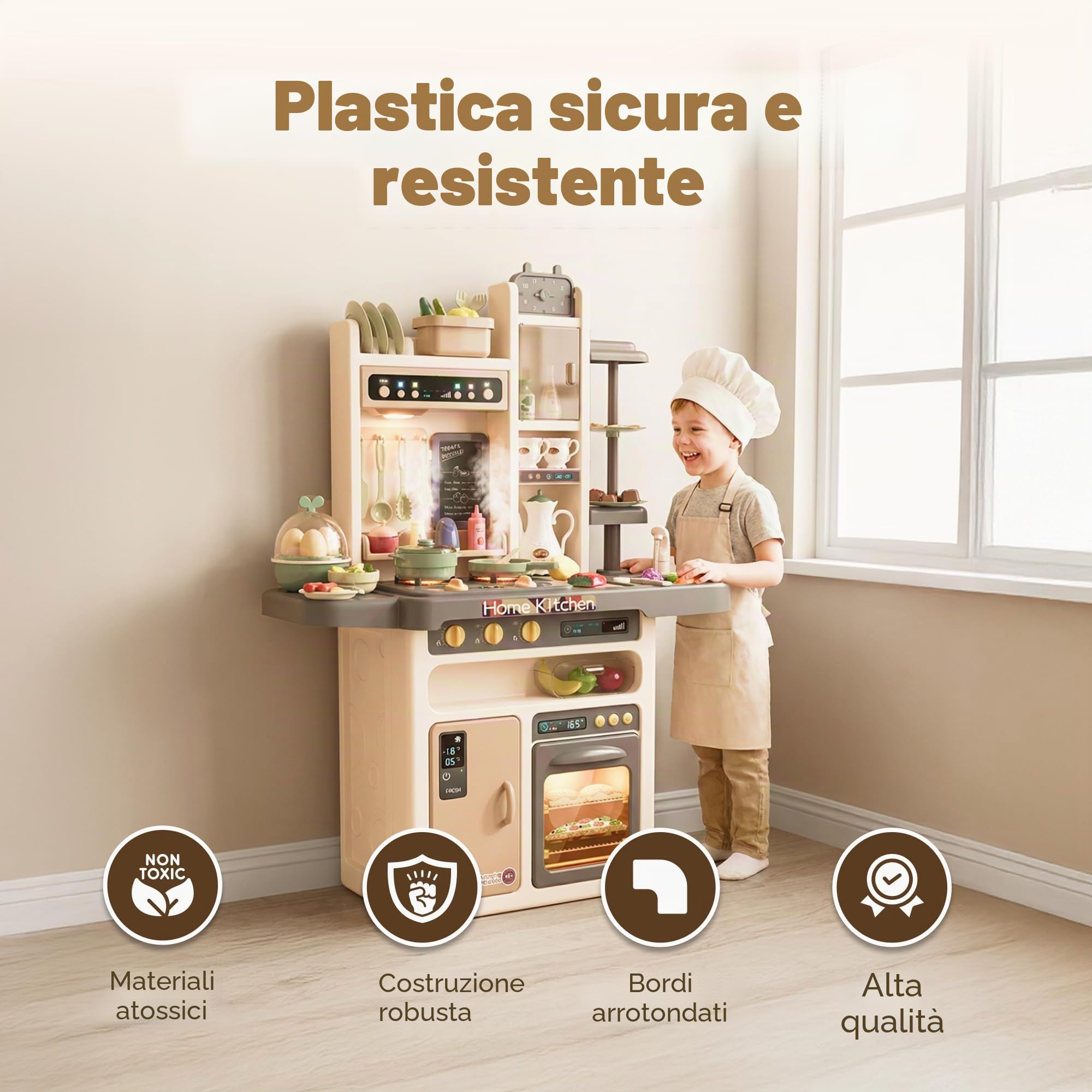 Kinderplay Cucina giocattolo per bambini – Vapore sicuro, luci e suoni – Gioco di imitazione 3+ con rubinetto a pompa – 65 accessori, 71×28,5×93,5 cm, KP3297