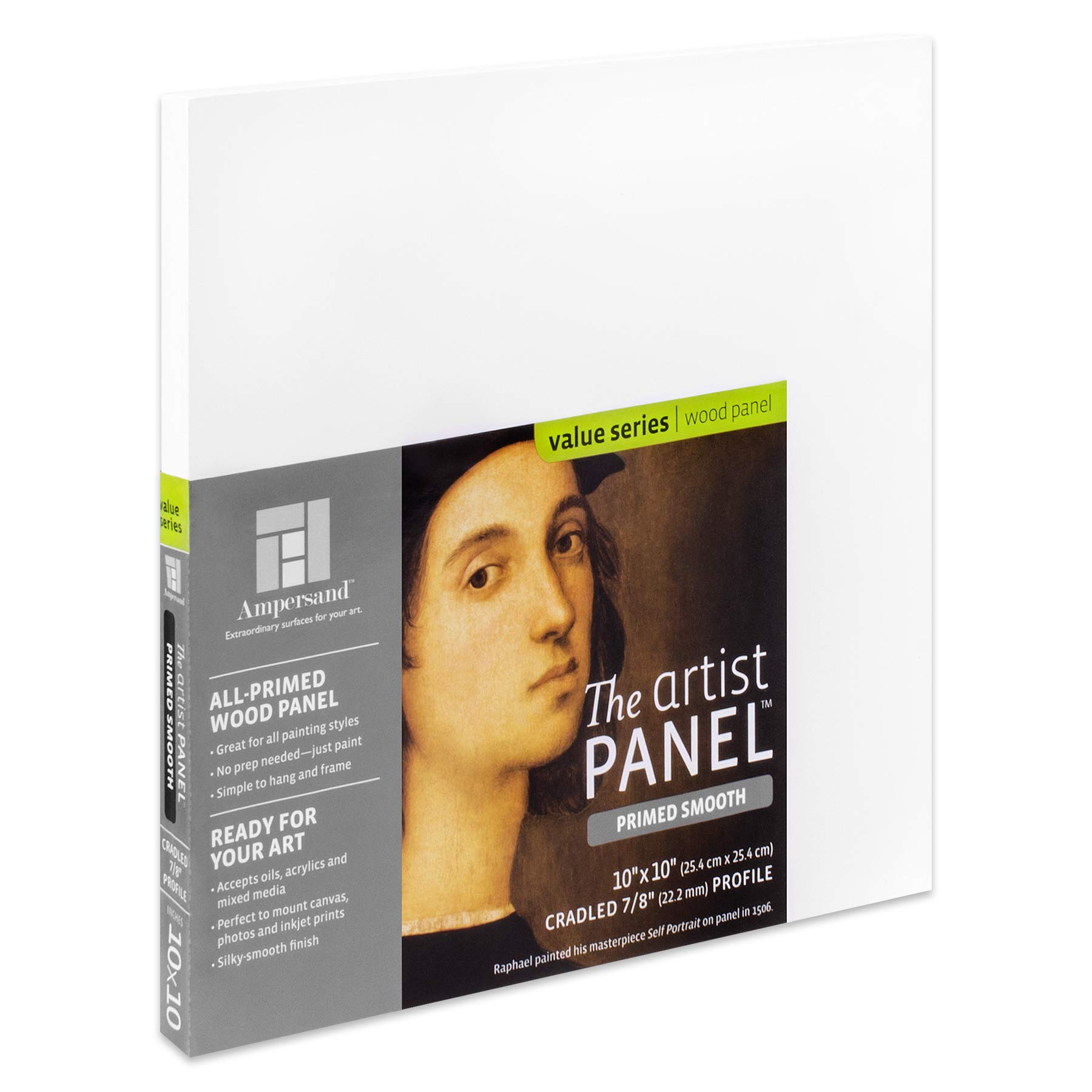 Ampersand Art Supply Wood Gesso Artist Painting Panel: Primed Smooth, 10" x 10", 7/8" Cradled Profile