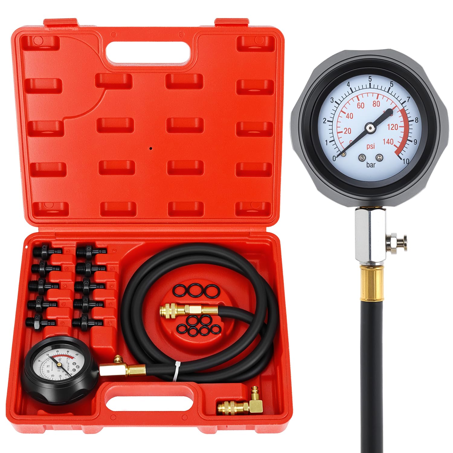 QWORK® Manometro per la pressione dell'olio, 140 PSI / 10 Bar, set di test per la pressione dell'olio nei cilindri motore con 10 adattatori, ideale per auto, moto e trattori