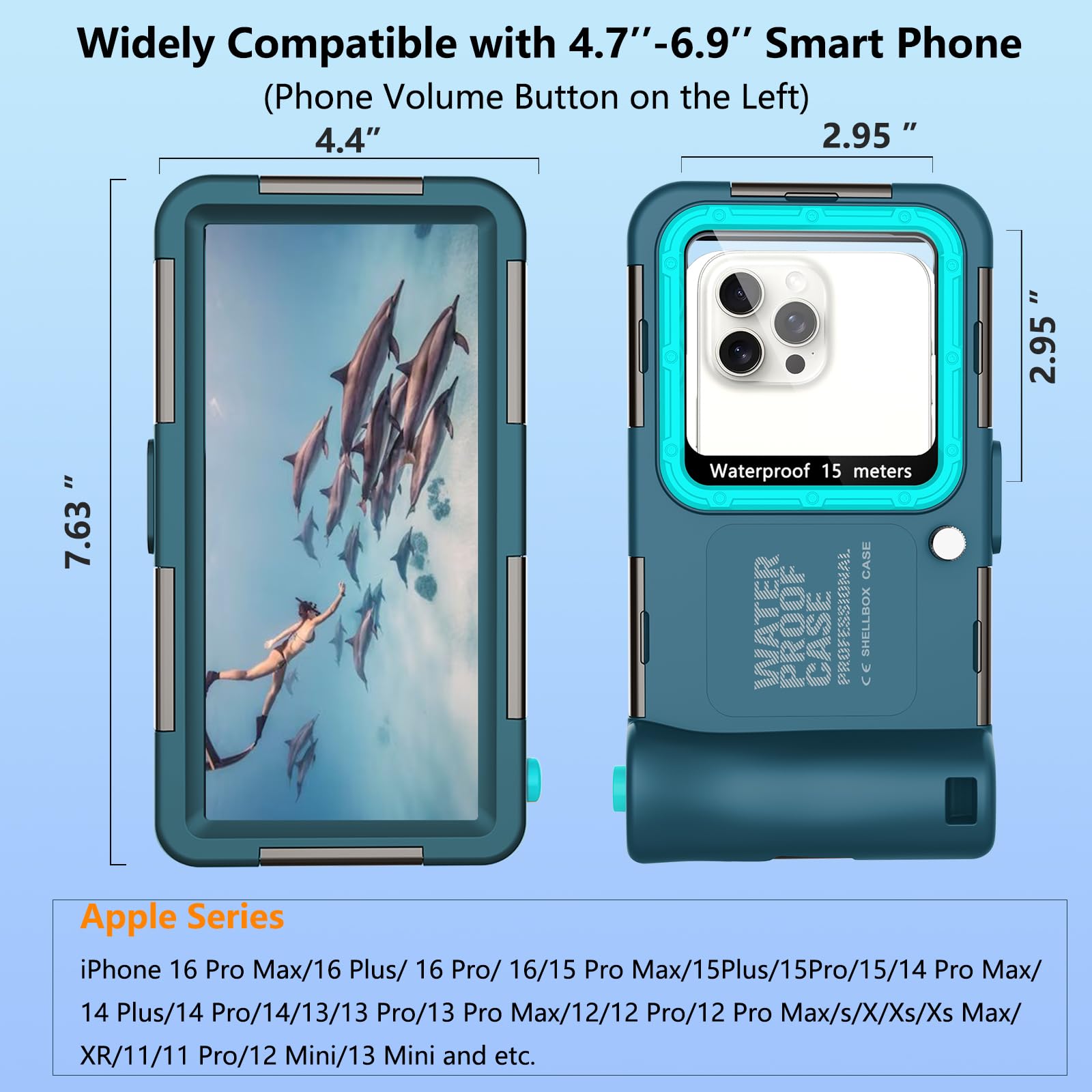 Kfisiso - Funda impermeable para teléfono de buceo, ajuste universal con iPhone 17/16/15/14/13 Pro Max Plus (tecla de volumen del teléfono a la izquierda), carcasa subacuática profesional para buceo