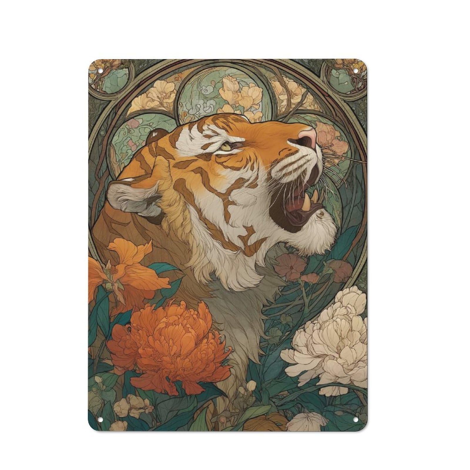 Tiger in Bloom Cottage Metal Wall Decor 40x30cm, Shed Metal Sign for Patio Bar, Workshop, Shed Or Kitchen