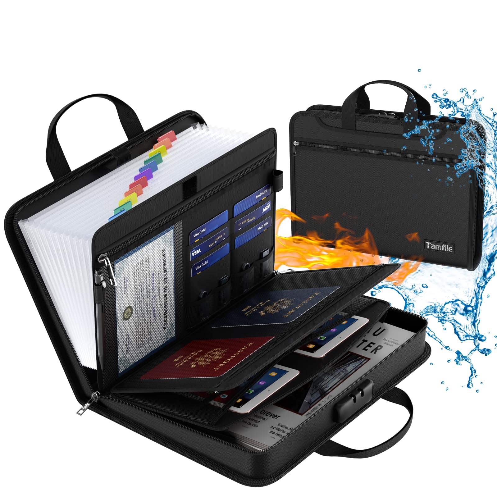 Tamfile Fireproof Document Organiser with Lock, 13 Pockets Expanding File Folder A4 with Zipper and Handles