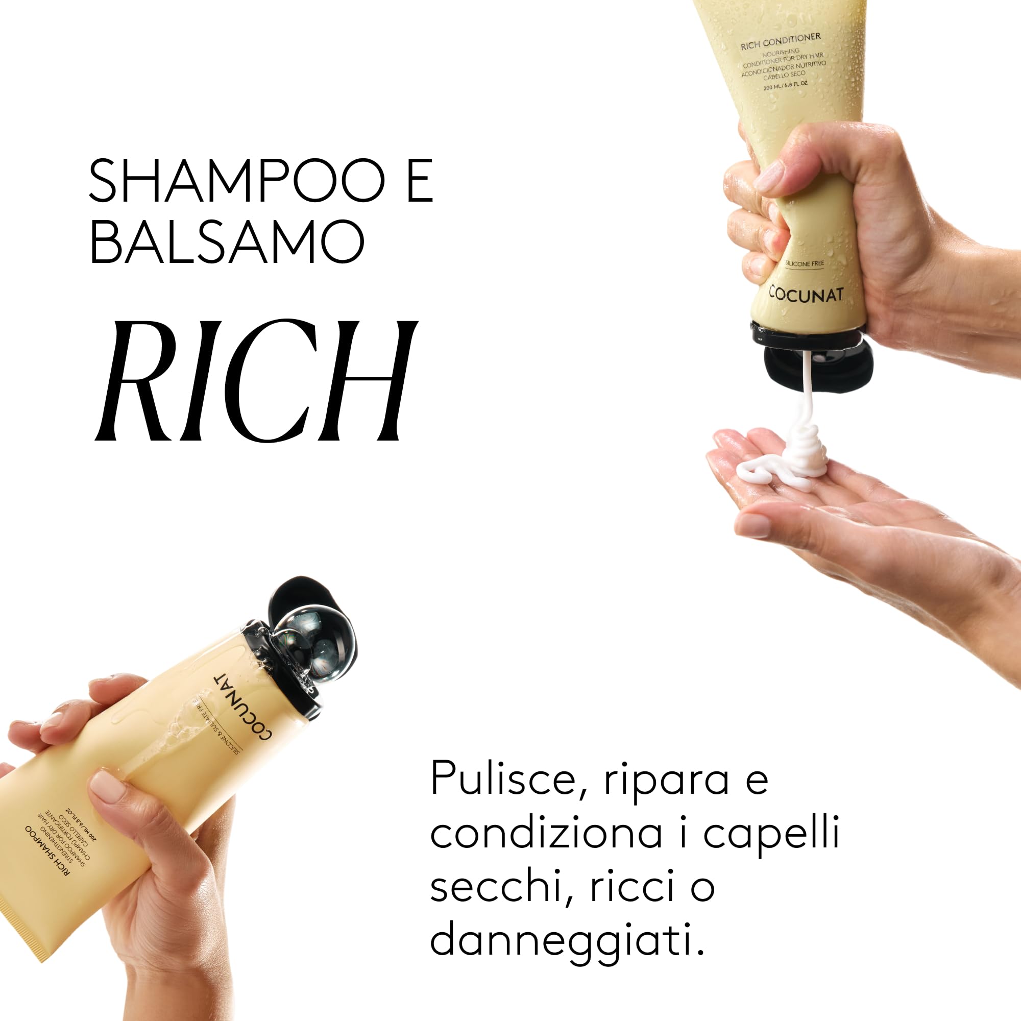 COCUNAT - Pack Rich per capelli secchi - Shampoo e balsamo naturali - Capelli danneggiati o tinti - Idrata, nutre e ristruttura - Senza solfati e silicone - Adatto al Metodo Curly