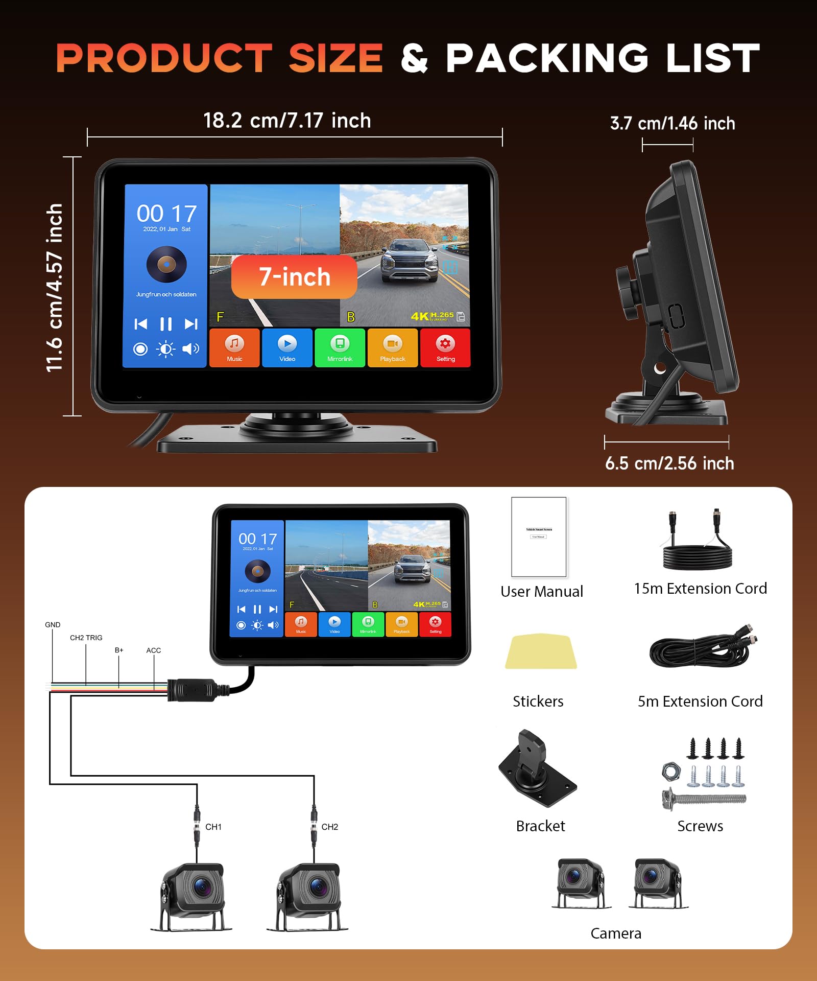 Telecamere Retromarcia 2 Telecamere Kit con Android Mirror Link, 7 Pollici Touchscreen, 1080P Telecamera Posteriore IP68 Impermeabile, Visione Notturna, Loop Video, per Camion/Autobus/Furgoni/Camper