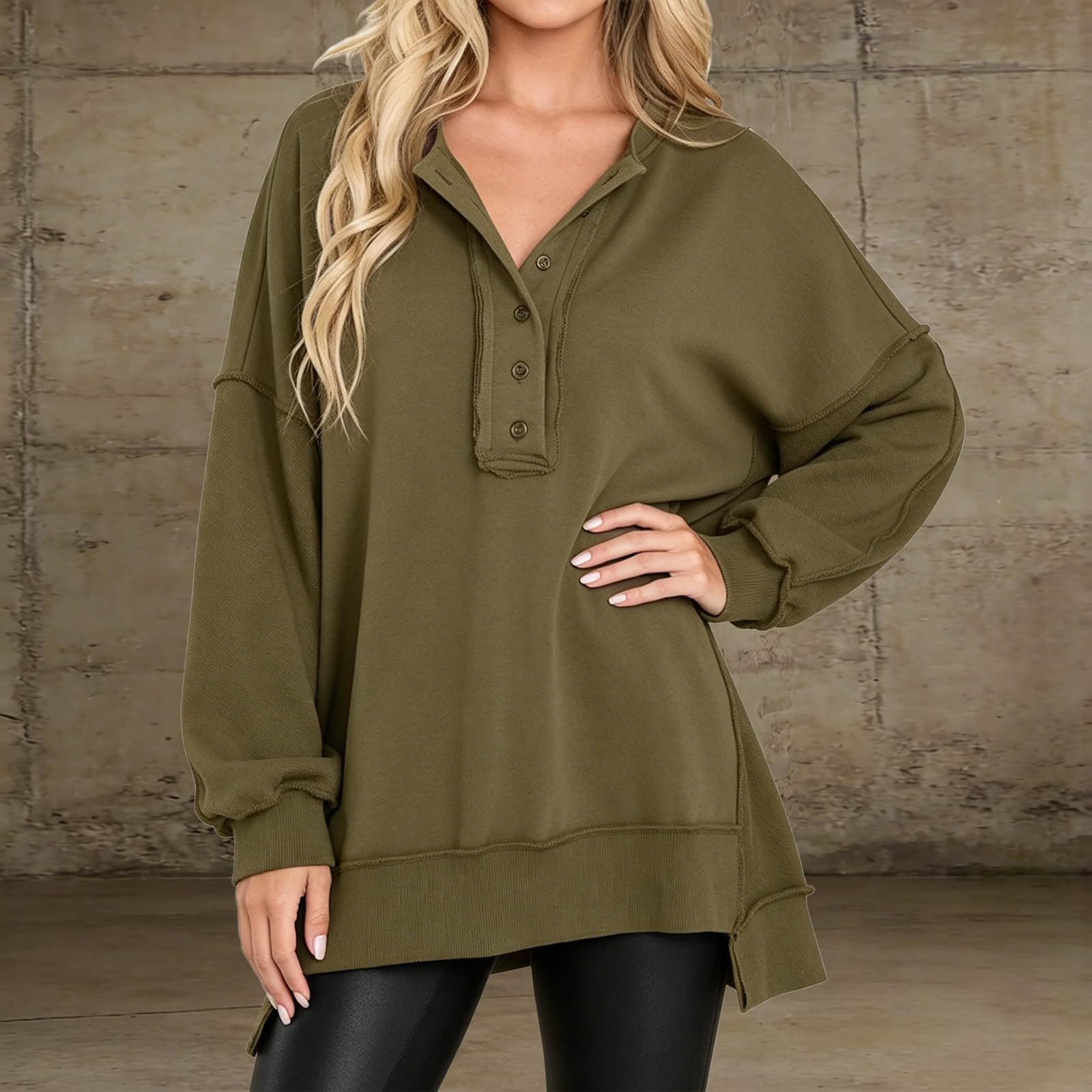 Sudadera con Capucha de Manga Larga, Corte Holgado, Color Liso, Cuello y Cierre de Botones para Mujer, Bolsillos Laterales, cómoda para el día a día y el Fin de Semana, única