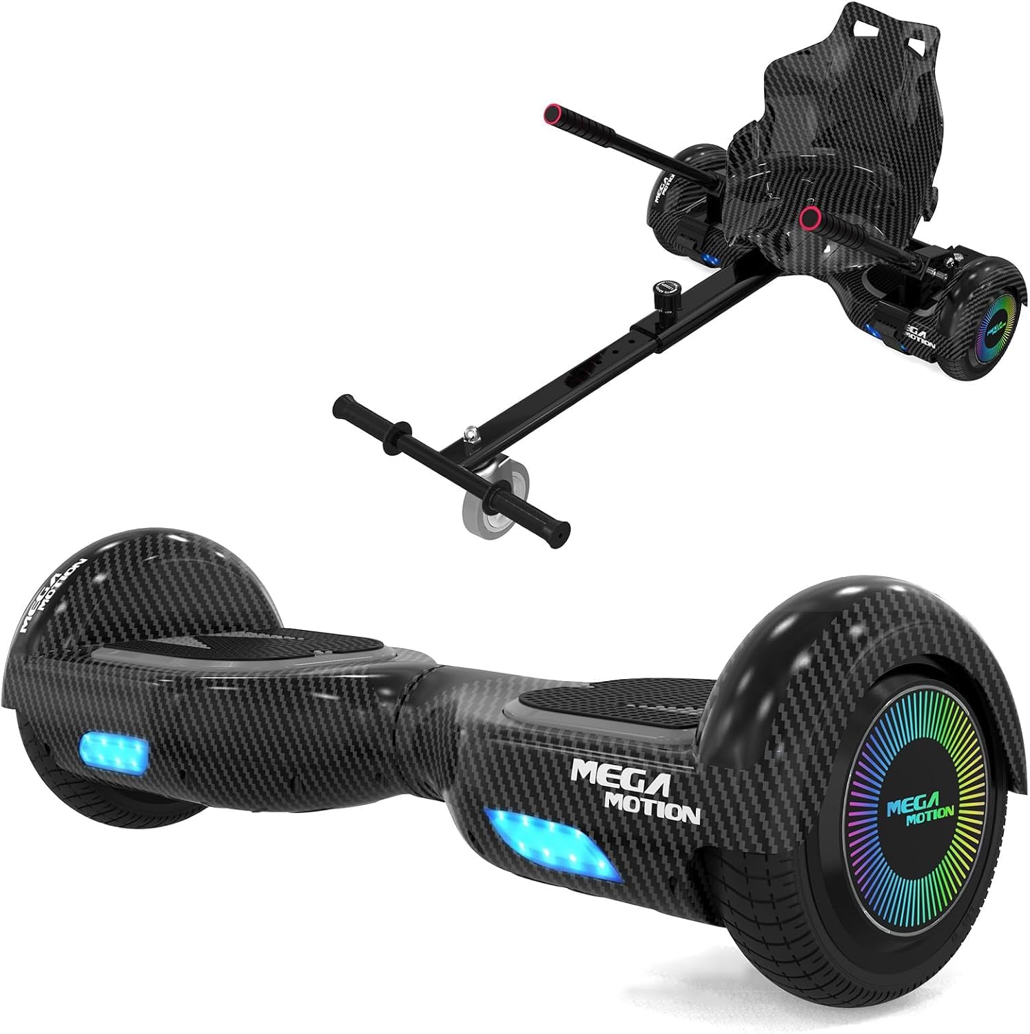 MEGA MOTION Hoverboards avec Hoverkart pour Enfants, Hoverboards à Deux Roues de 6,5 Pouces avec Haut-Parleur Bluetooth, avec Lumières LED, Cadeau pour Enfants