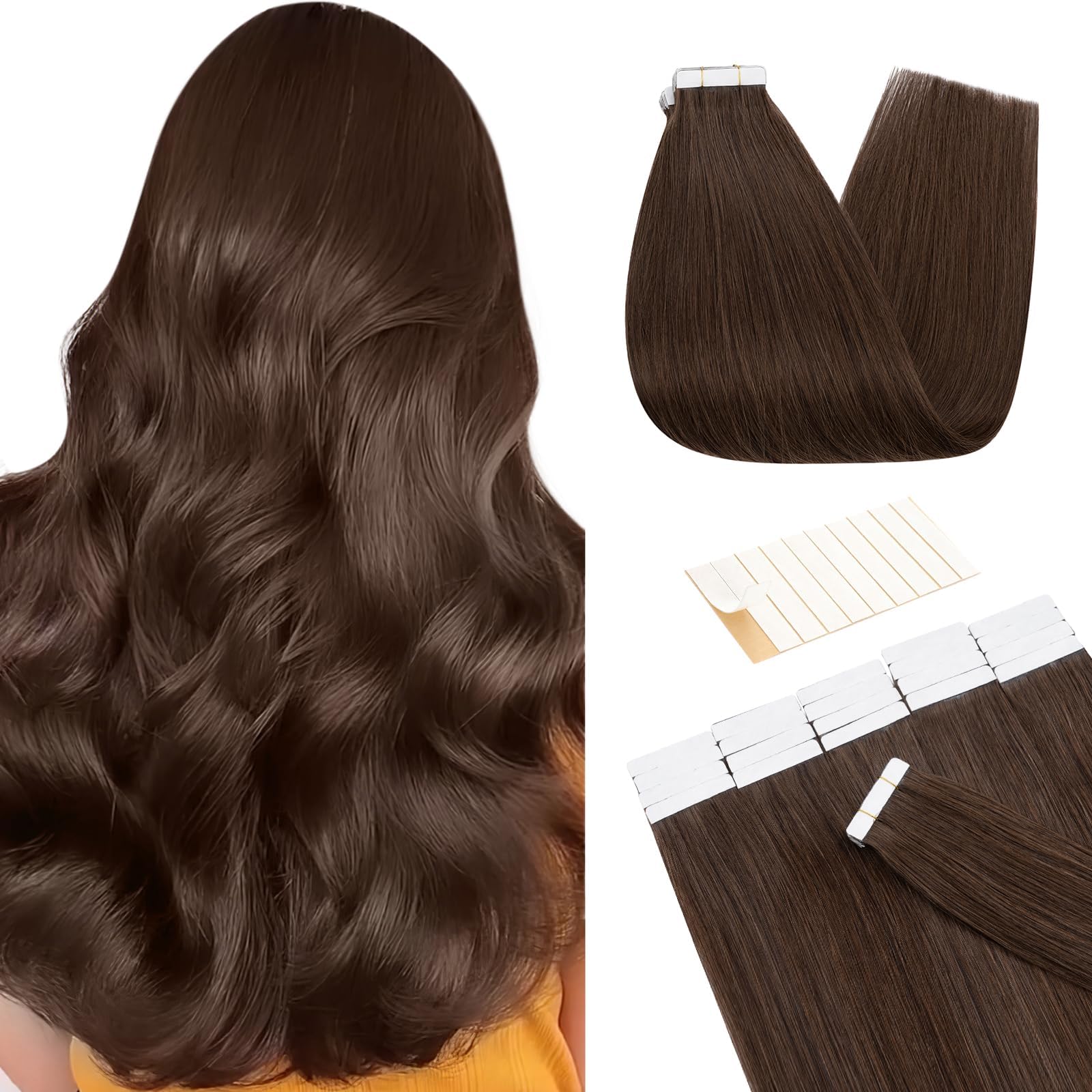 TESS Tape in Hair Extensions Human Hair 10 PCS #04 Medium Brown - 16 Inch Seamless Invisible Real Hair Extension Straight 25g