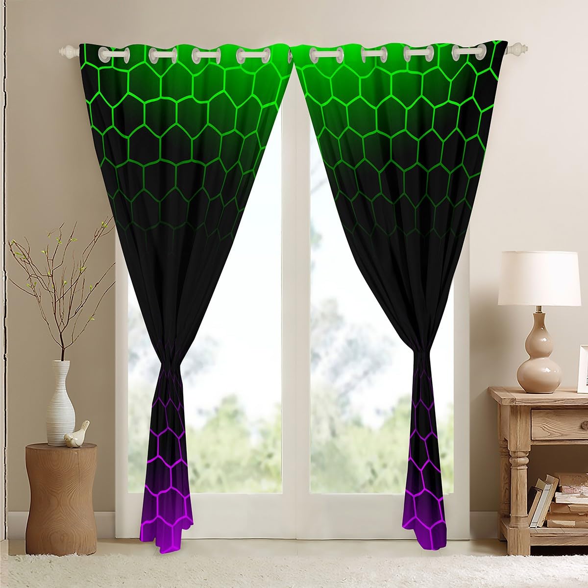 Honeycomb Window Curtains Grenn Purple Ombre Blackout Curtains(30%-50%) Beehive Hexagon Window Dreapes Kids Toddler Geometric Honeycomb Window Treatments W46*L54 - Image 4