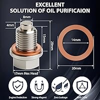 Vista 8 de Tapón de drenaje de aceite magnético de acero inoxidable M14 x 1.5, tuerca perno de drenaje del cárter con junta de cobre y arandela aplastante