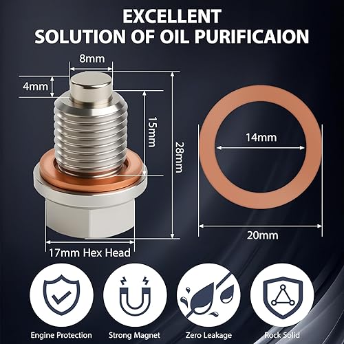 Miniatura 8 de Tapón de drenaje de aceite magnético de acero inoxidable M14 x 1.5, tuerca perno de drenaje del cárter con junta de cobre y arandela aplastante