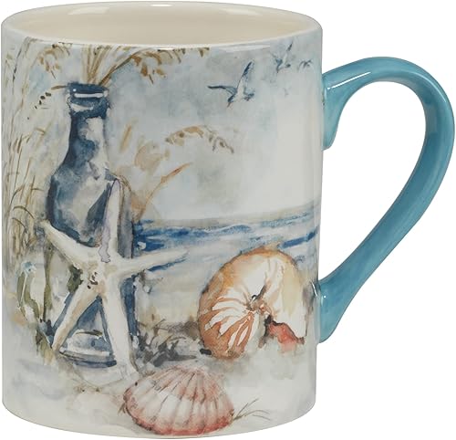 Miniatura 3 de Coastal Landscape 16 oz. Ceramic Mugs – Set of 4 Assorted Beach Designs with Starfish, Shells & Ocean Bottles – Seaside Coffee Cups for Tea, Hot