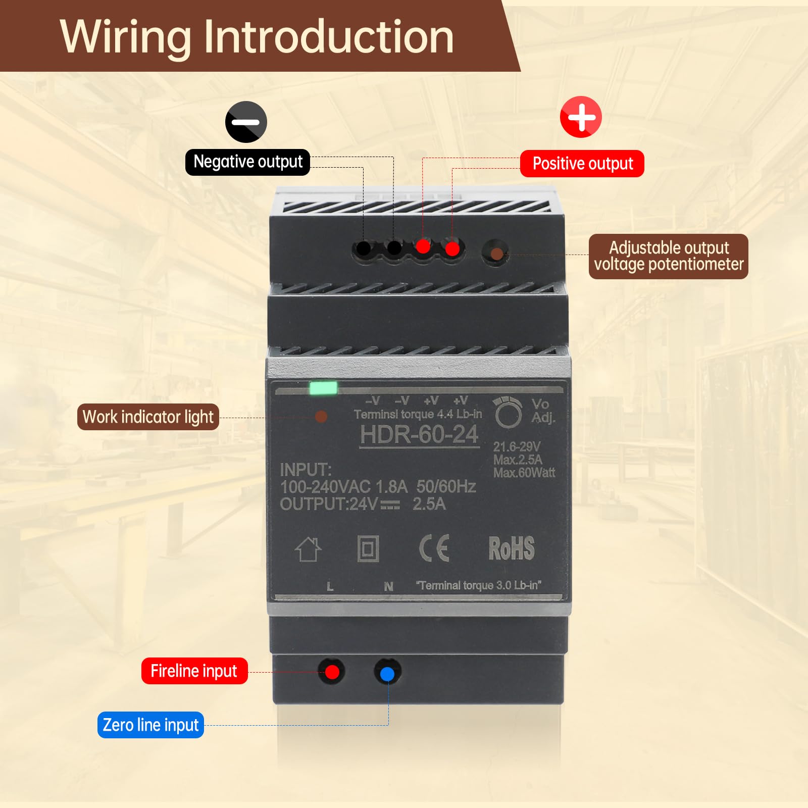 Fuente de Alimentación para el Montaje de Rayos de Sombra 24V 2.5A 60W Transformador de Red de Conmutación AC a CC para la Industria Iluminación y Automatización LED HDR-60-24