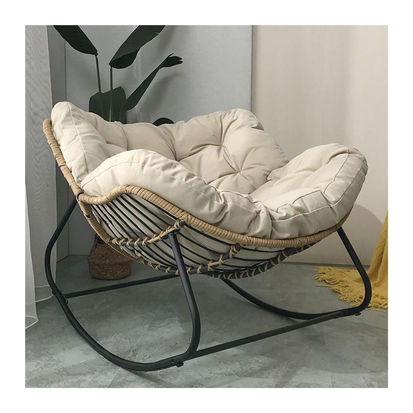 Mecedora Papasan for Exterior con tapizado, sillón de Mimbre con Forma de Huevo for Patio, Interior y Exterior, con Estructura de Acero, for balcón (Verde)(Khaki Color)