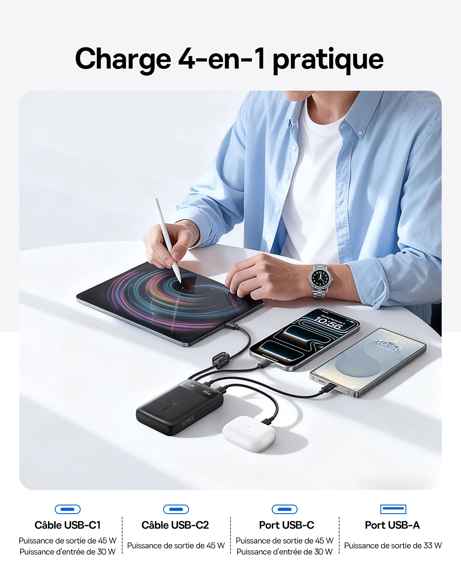 Baseus FC11 Powerbank Compact 45W 20000mAh avec 2 Câbles USB-C Intégrés, CCC Certifiée Batterie Externe PD Charge Rapide, Mini Power Bank pour iPhone 17/16/15 Pro Max, Samsung Galaxy S25/S24, Noir