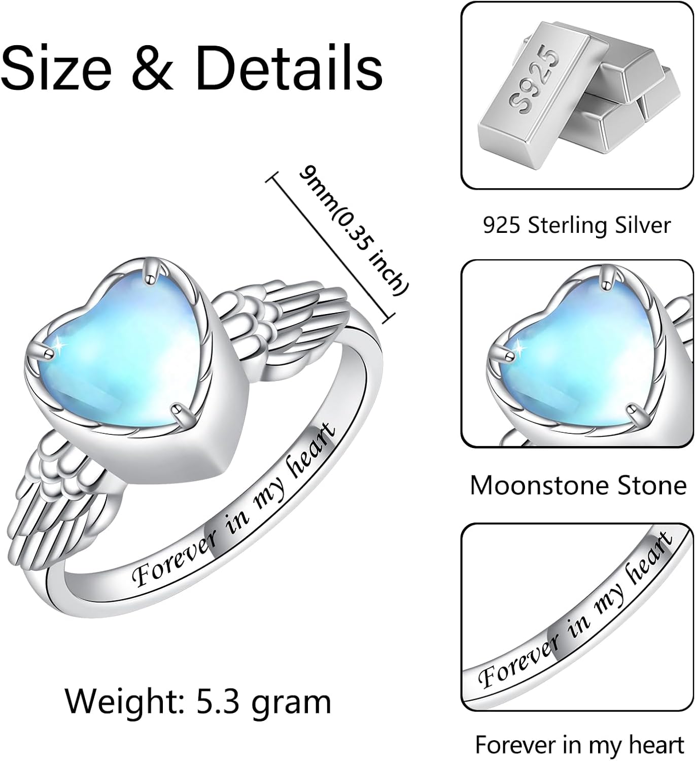 Heart Cremation Ring for Ashes - 925 Sterling Silver Moonstone Angel Wings Urn Keepsake Rings Memorial Jewelry for Women - Image 6