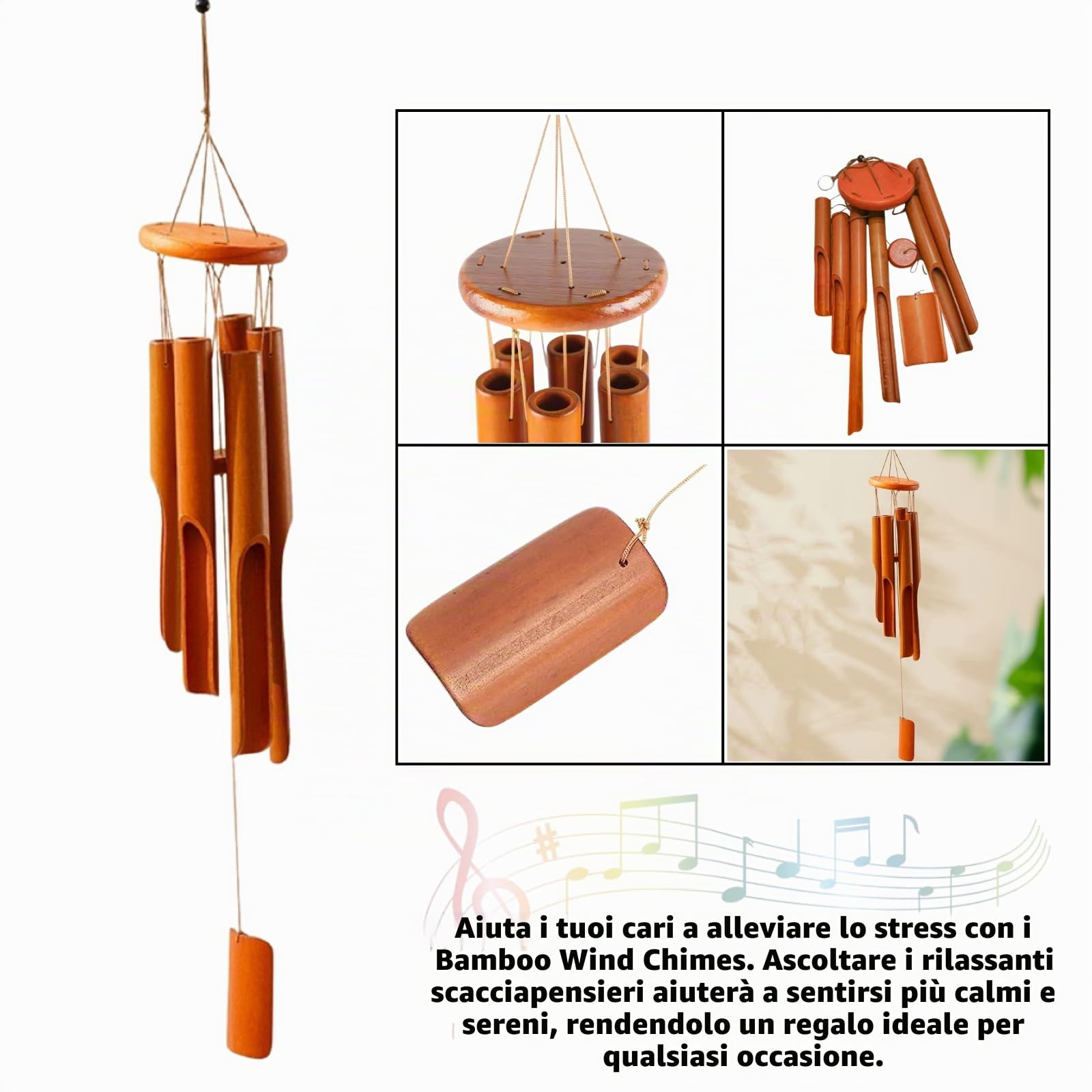Campanelli a vento in bambù, 6 tubi, campanelli a vento in legno per esterni e interni, 75 cm, perfetti per giardino, cortile, patio, regali commemorativi, marrone