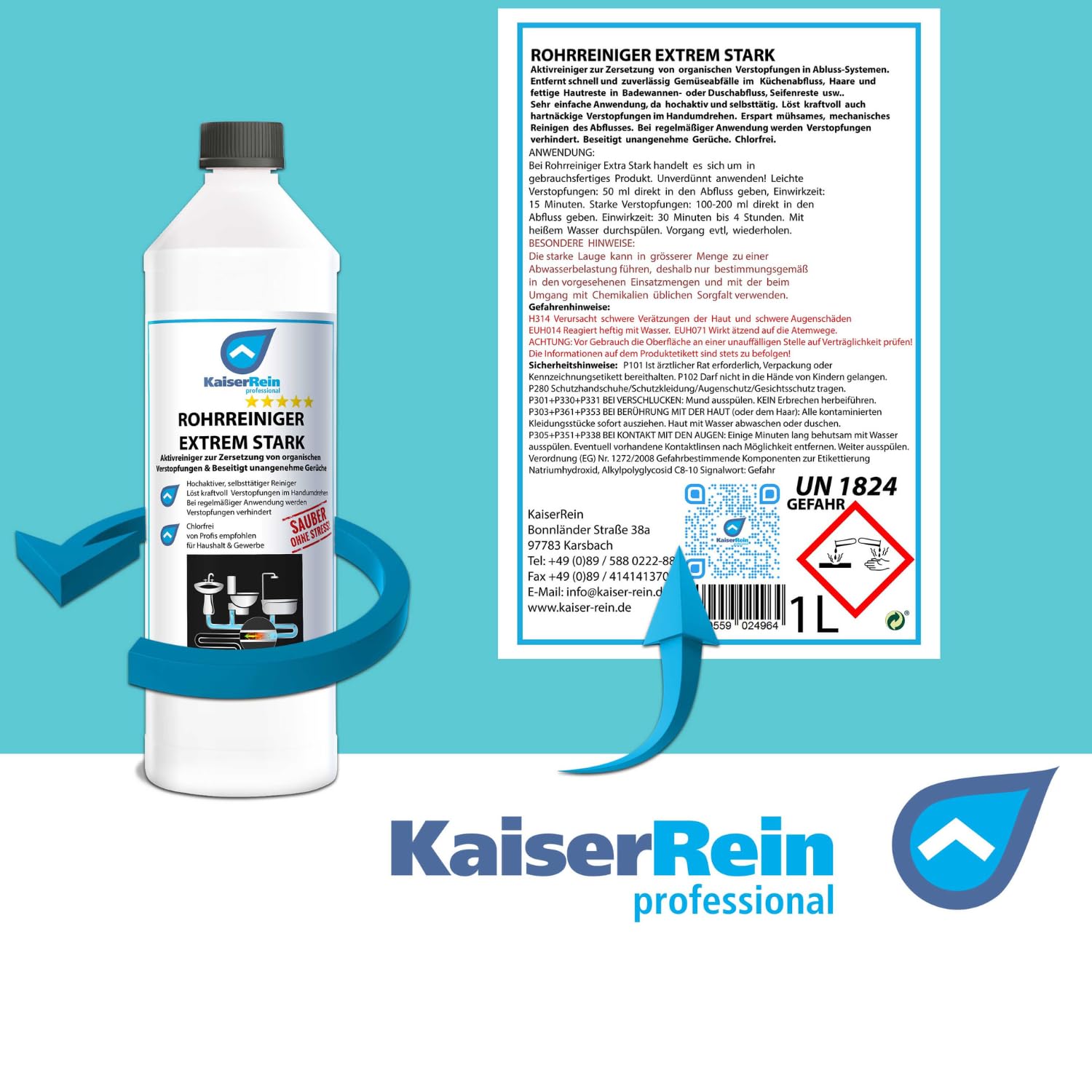KaiserRein Profi Rohrreiniger 10L - Kraftvoller Abflussreiniger gegen Verstopfungen in Dusche, Küche und Toilette